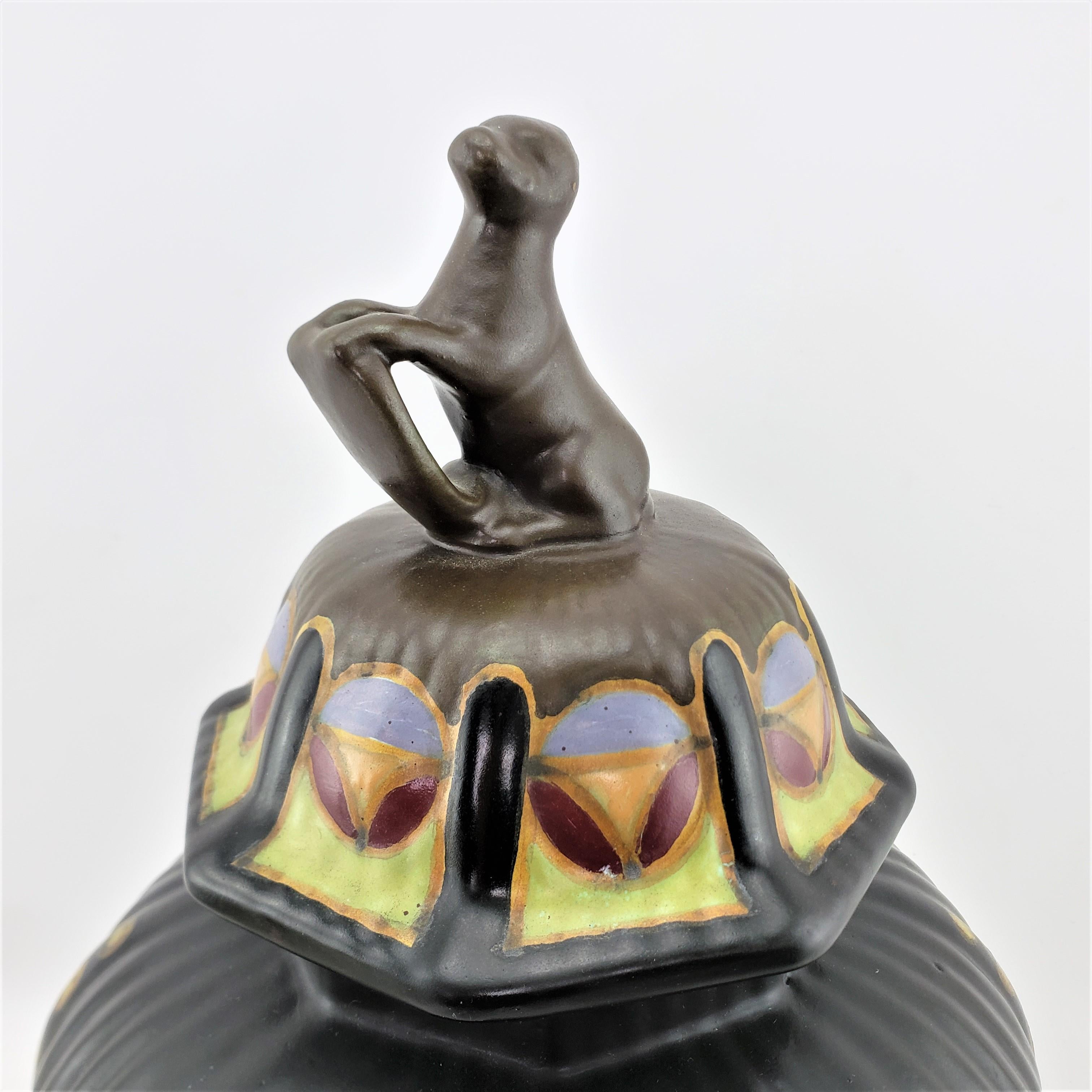 Large Antique Gouda Anhem Art Pottery Lidded Vase or Urn with Figural Handle For Sale 4