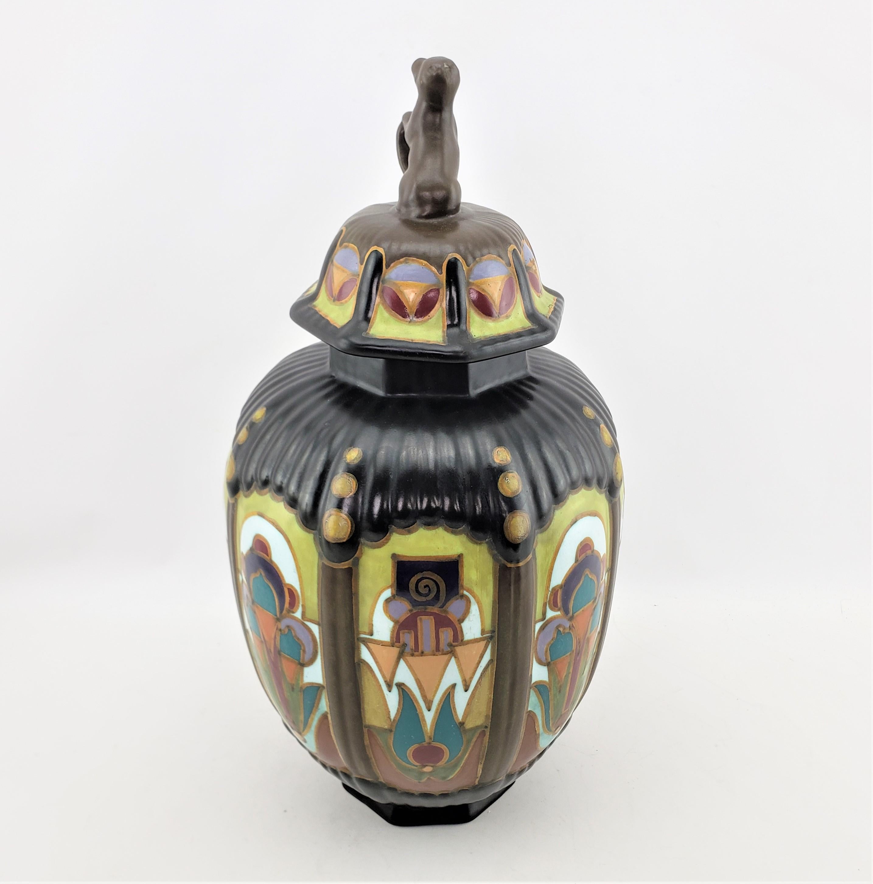 Art Deco Large Antique Gouda Anhem Art Pottery Lidded Vase or Urn with Figural Handle For Sale