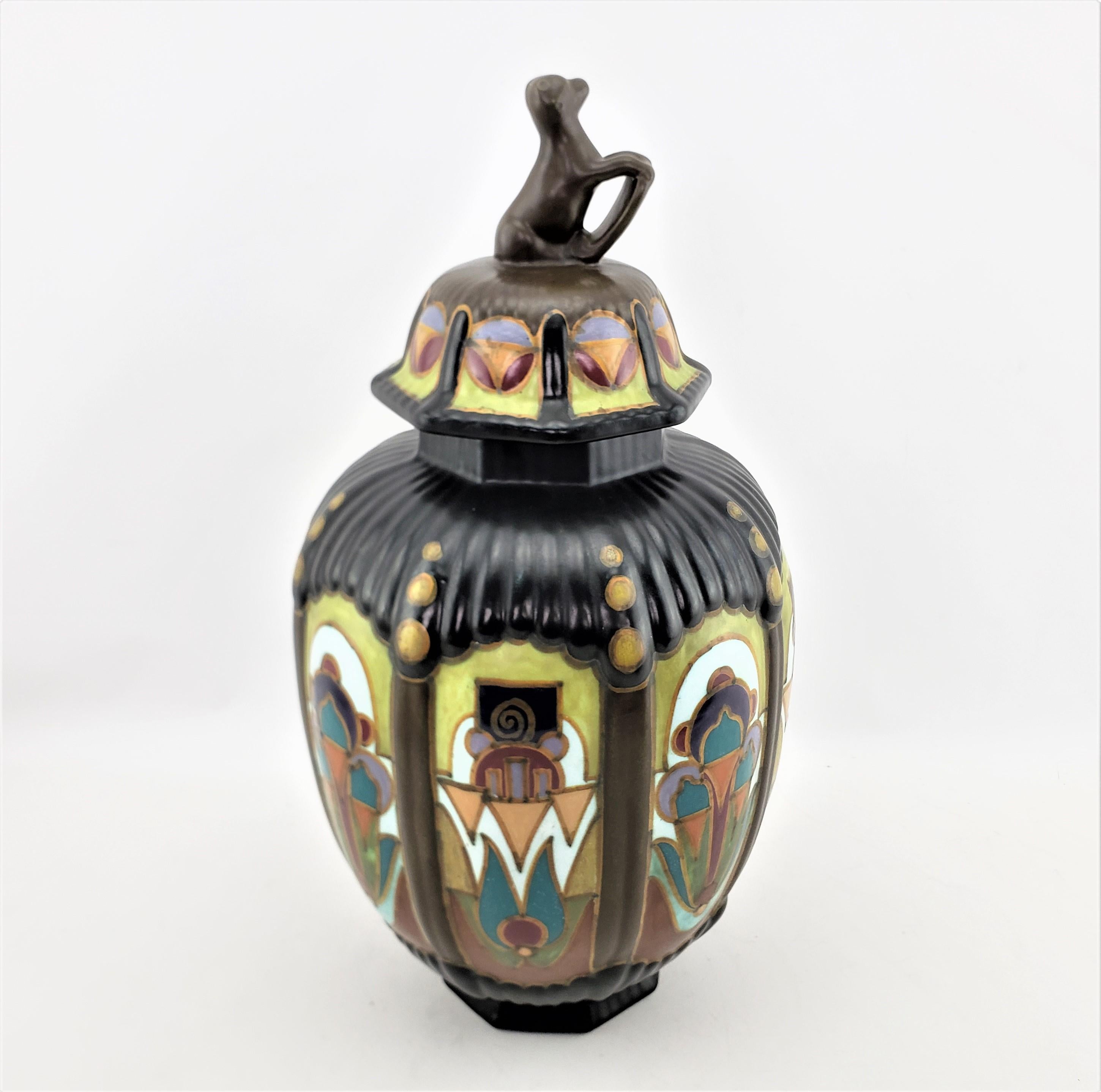 Hand-Painted Large Antique Gouda Anhem Art Pottery Lidded Vase or Urn with Figural Handle For Sale