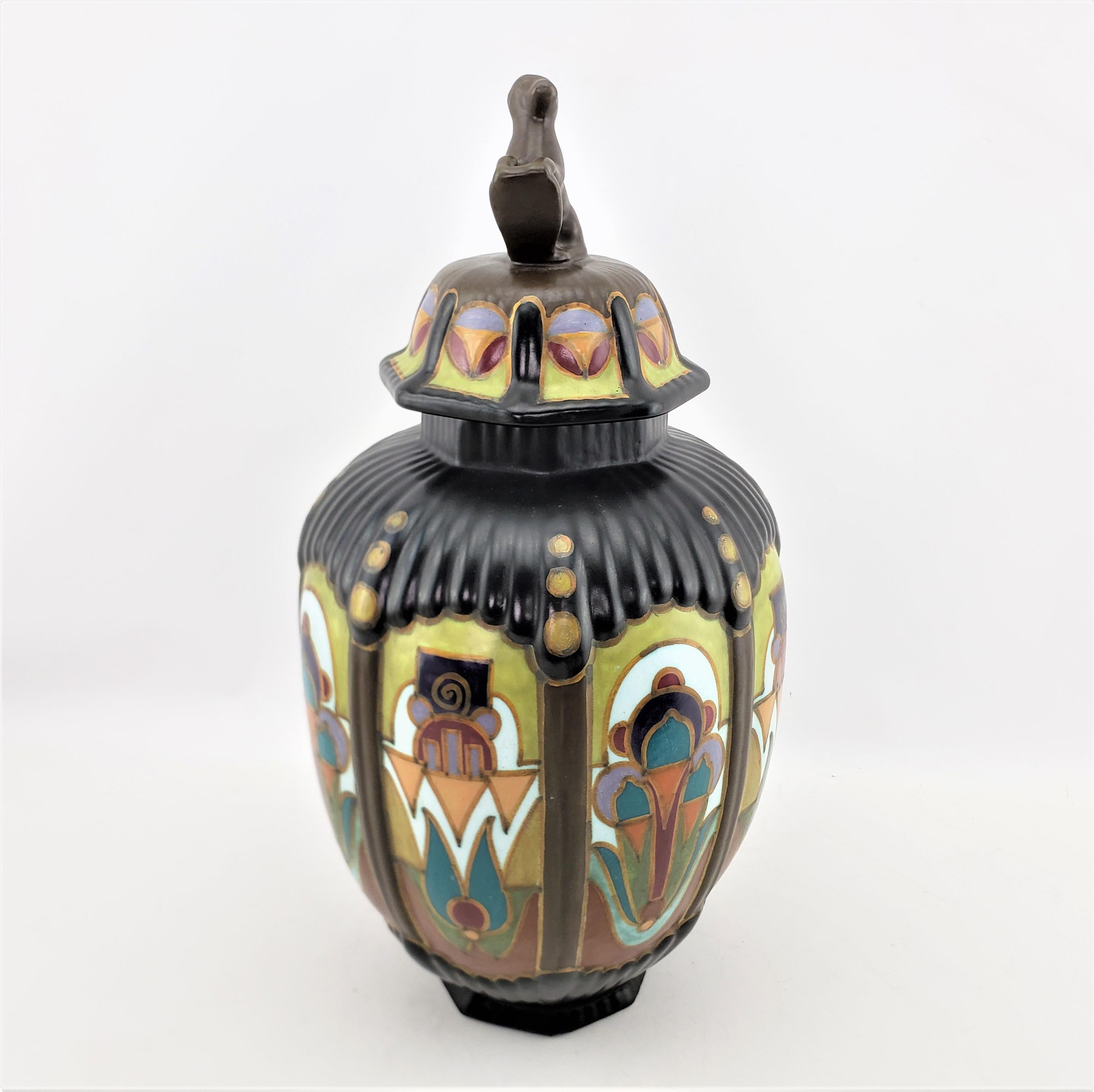 Large Antique Gouda Anhem Art Pottery Lidded Vase or Urn with Figural Handle In Good Condition For Sale In Hamilton, Ontario