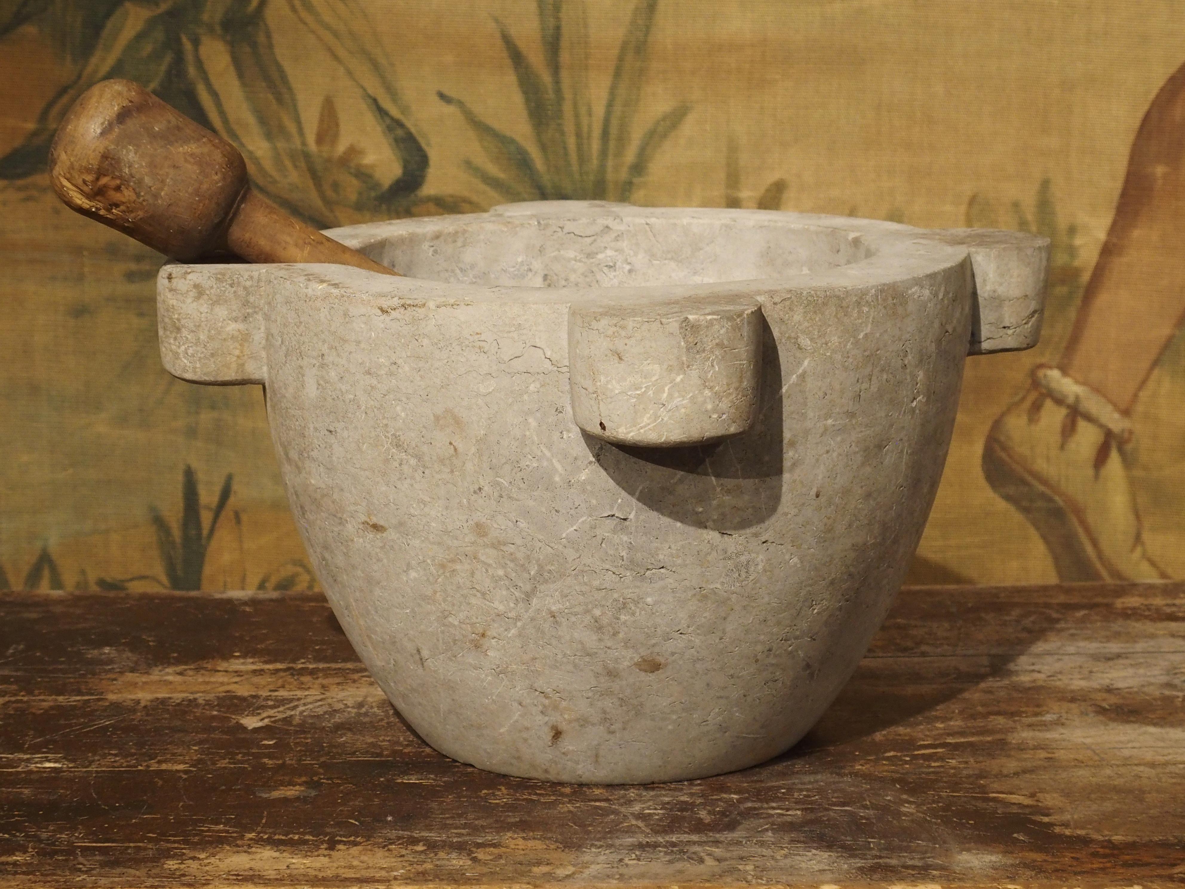 Large Antique Gray Marble Mortar with Pestle from France, 19th Century 1