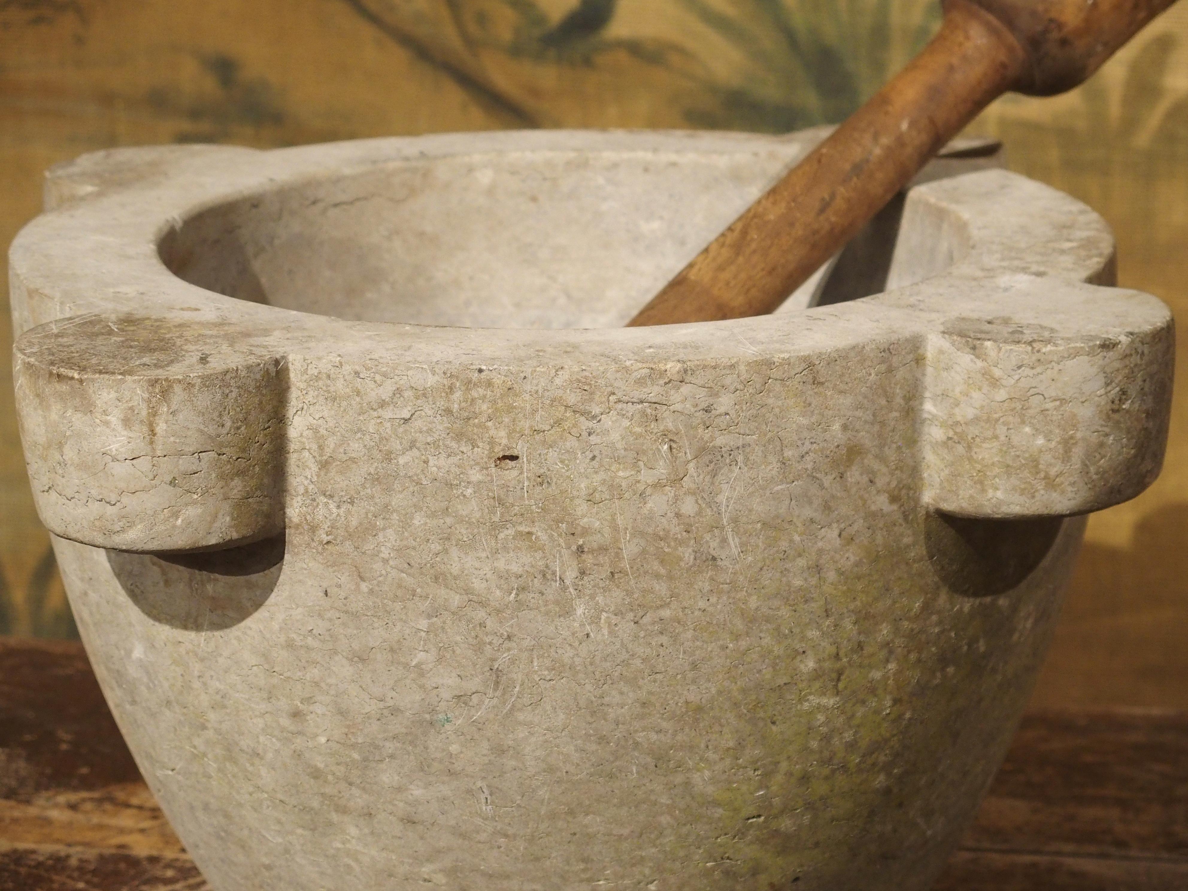 We have a wide range of assorted stone mortars and wooden pestles (one pestle is marble), from the collection of a former pharmacist in Rouen, France.

The original use of a mortar and pestle was to aid pharmacists in crushing herbs into powder