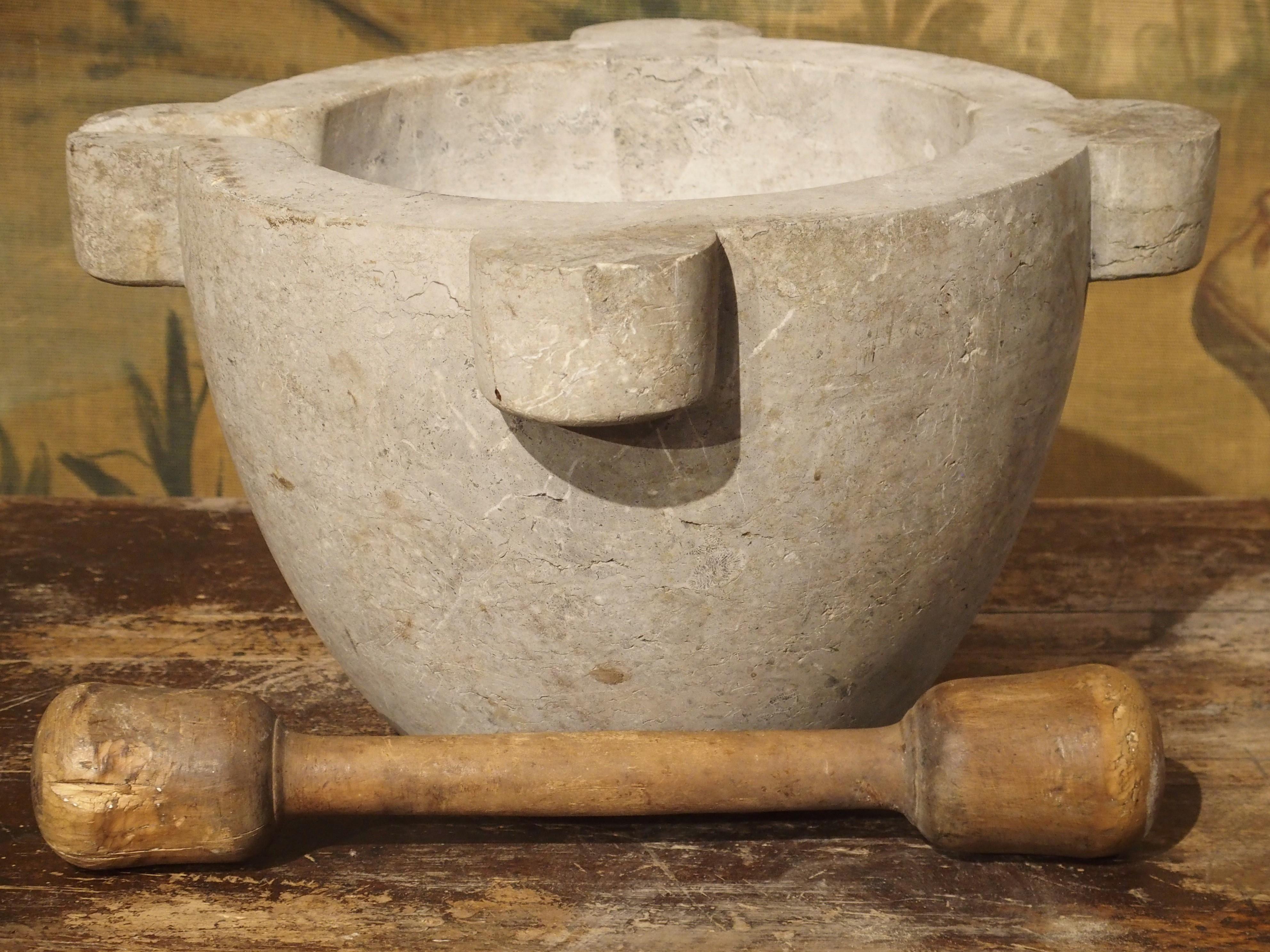 French Large Antique Gray Marble Mortar with Pestle from France, 19th Century