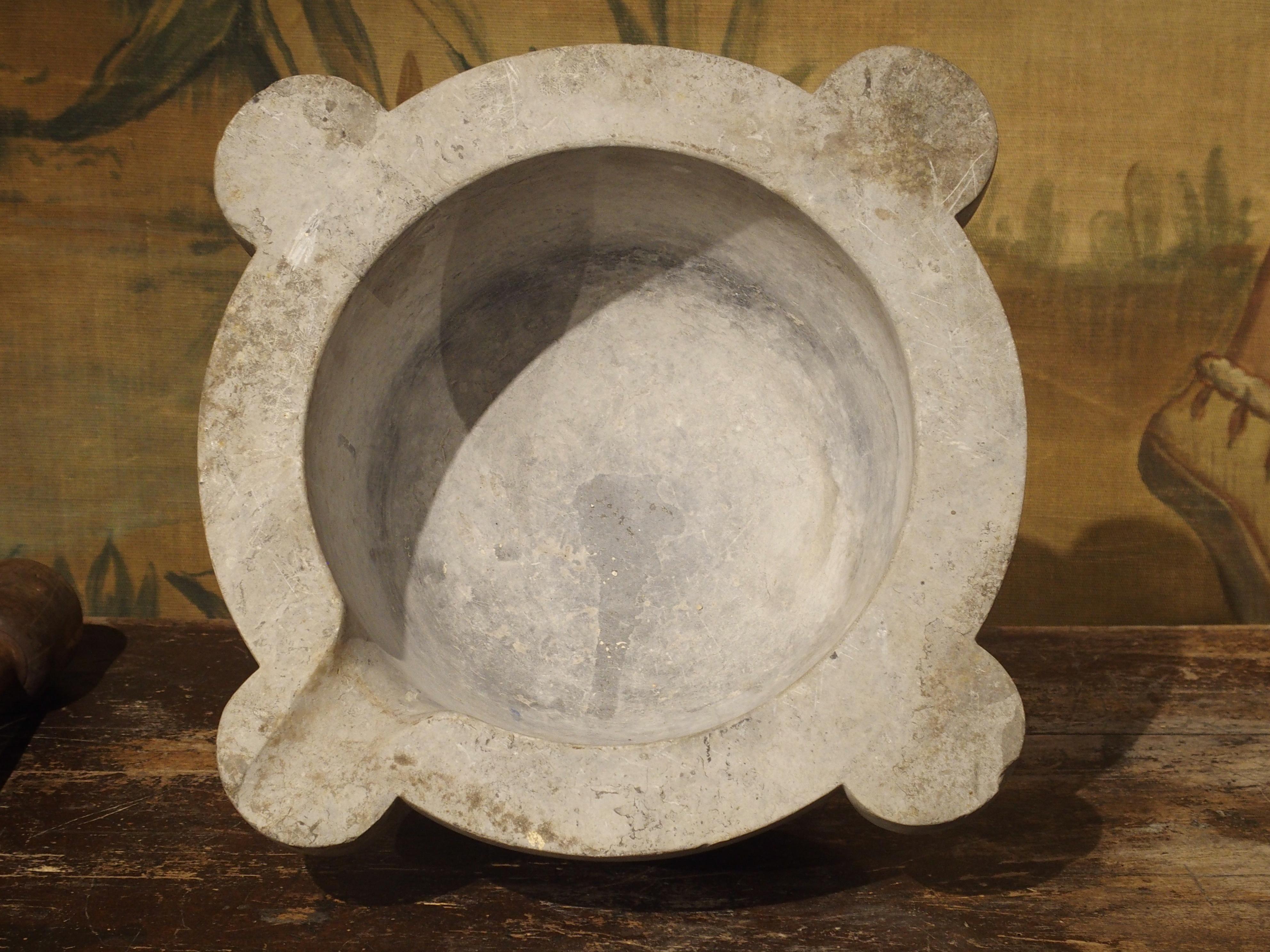 Hand-Carved Large Antique Gray Marble Mortar with Pestle from France, 19th Century