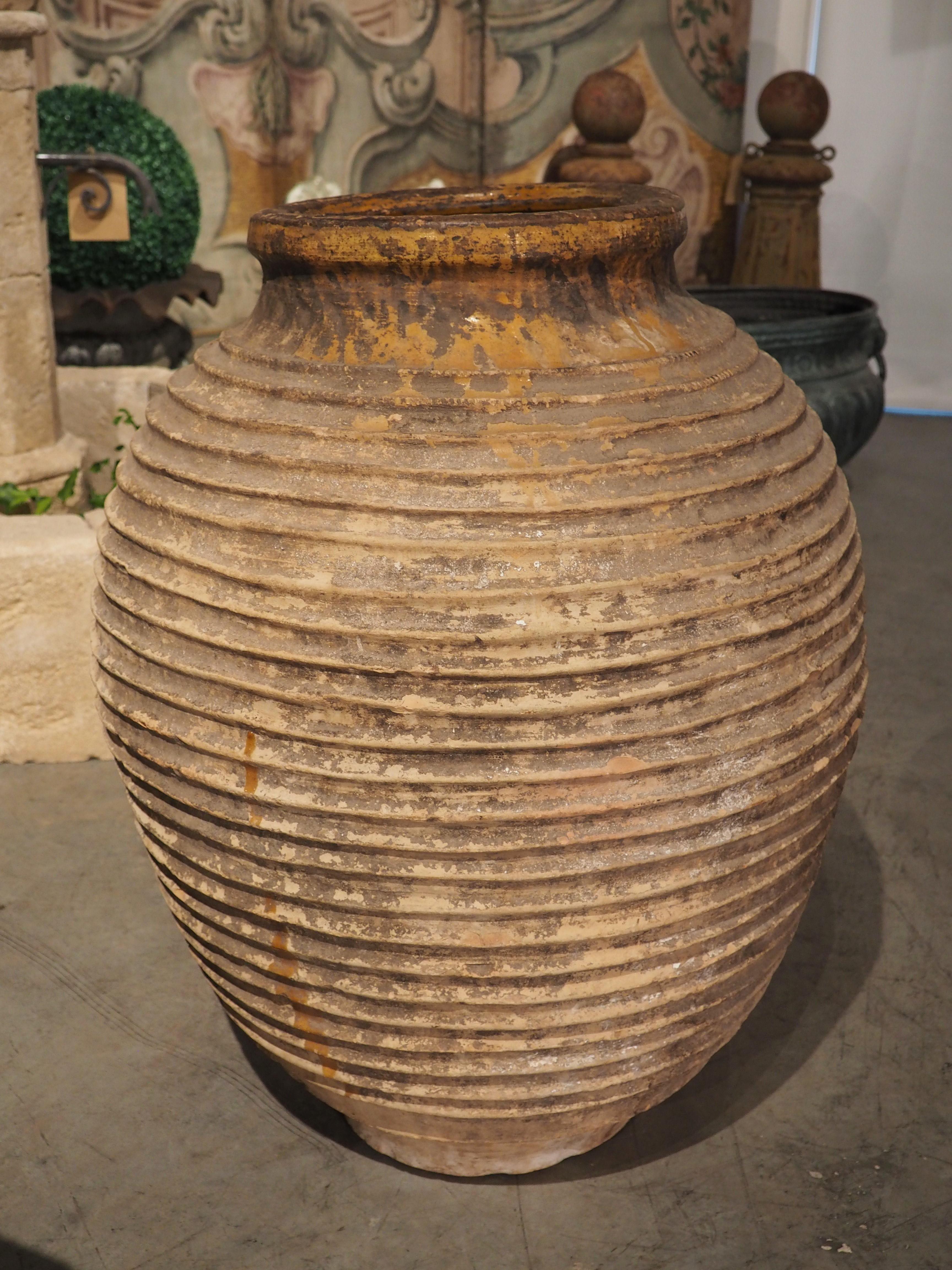 Glazed Large Antique Greek Terra Cotta Oil Pot with Partial Ochre Glaze, 19th Century