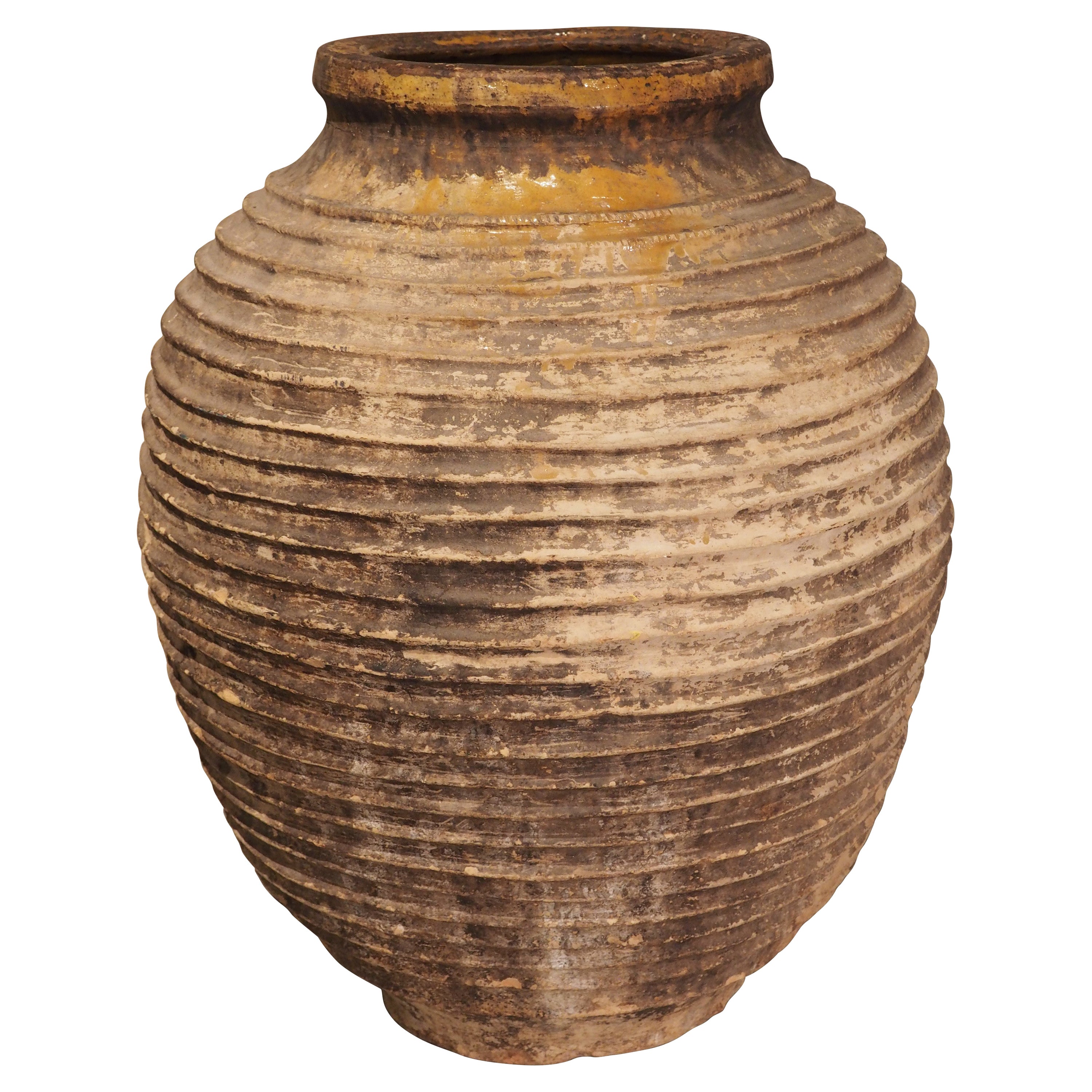 Large Antique Greek Terra Cotta Oil Pot with Partial Ochre Glaze, 19th Century