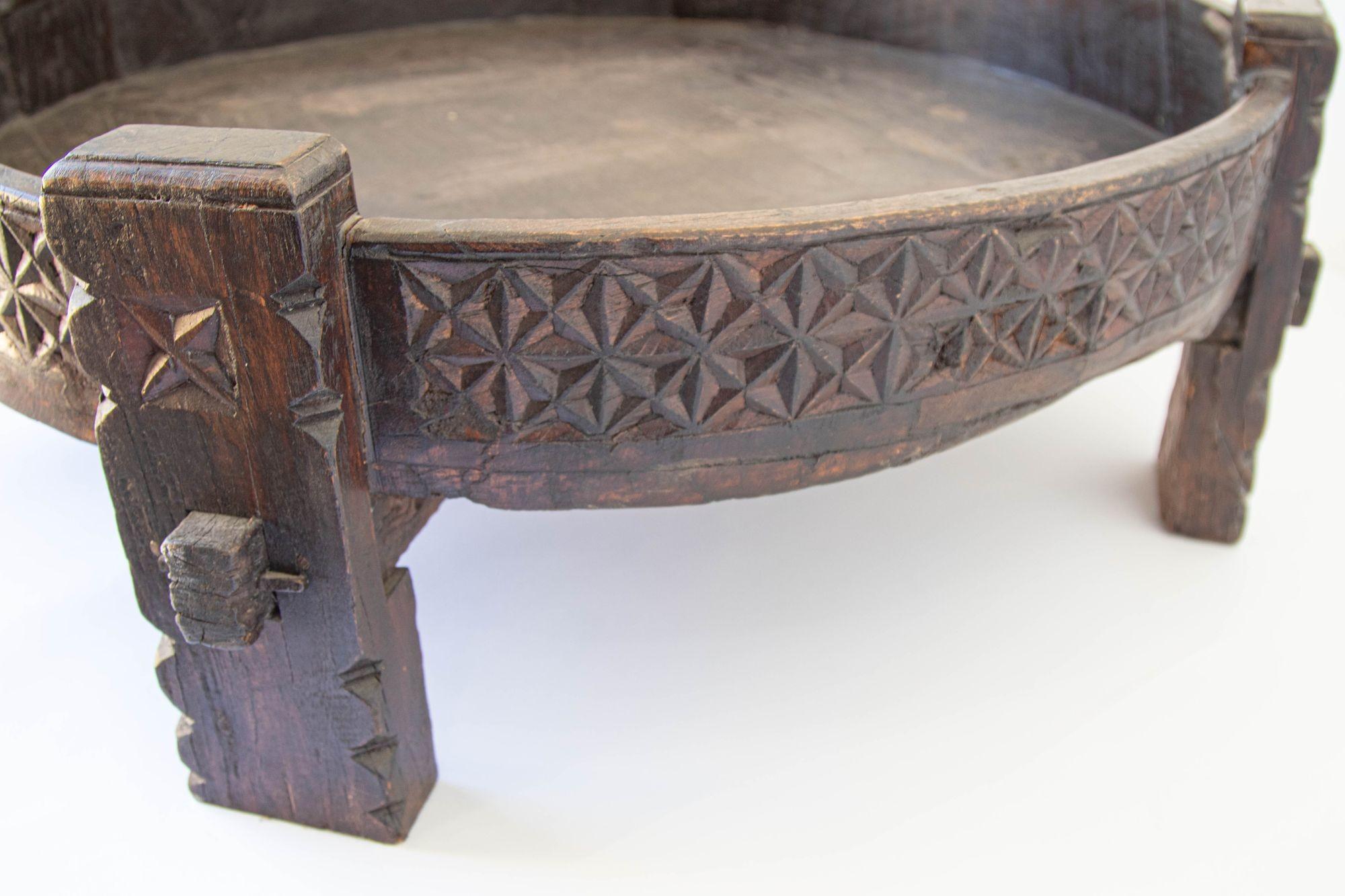 Large Antique Grinder Tribal Teak Hand Carved Wood Chakki Table India 1920' 4
