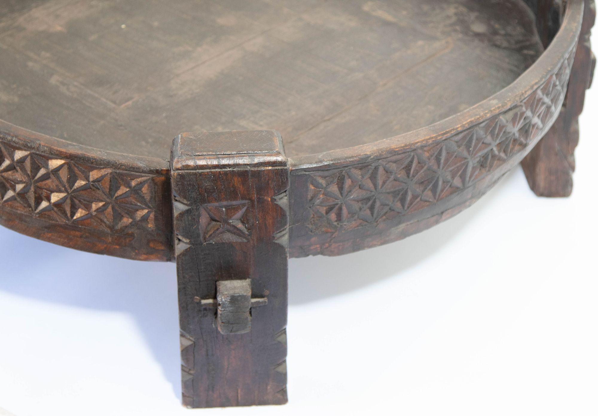 Moorish Large Antique Grinder Tribal Teak Hand Carved Wood Chakki Table India 1920'