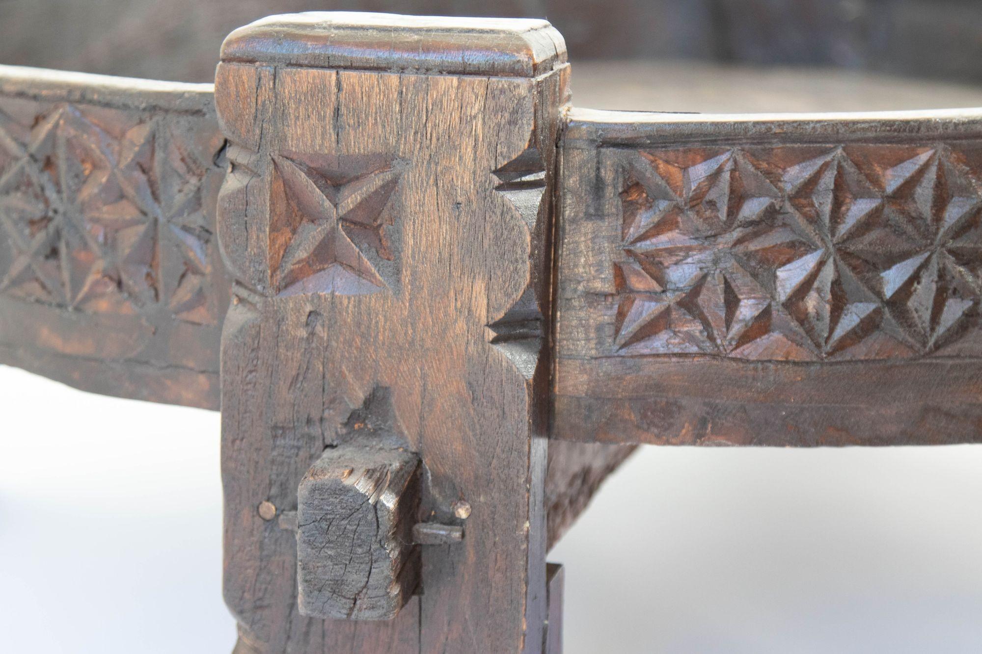 Large Antique Grinder Tribal Teak Hand Carved Wood Chakki Table India 1920' 1