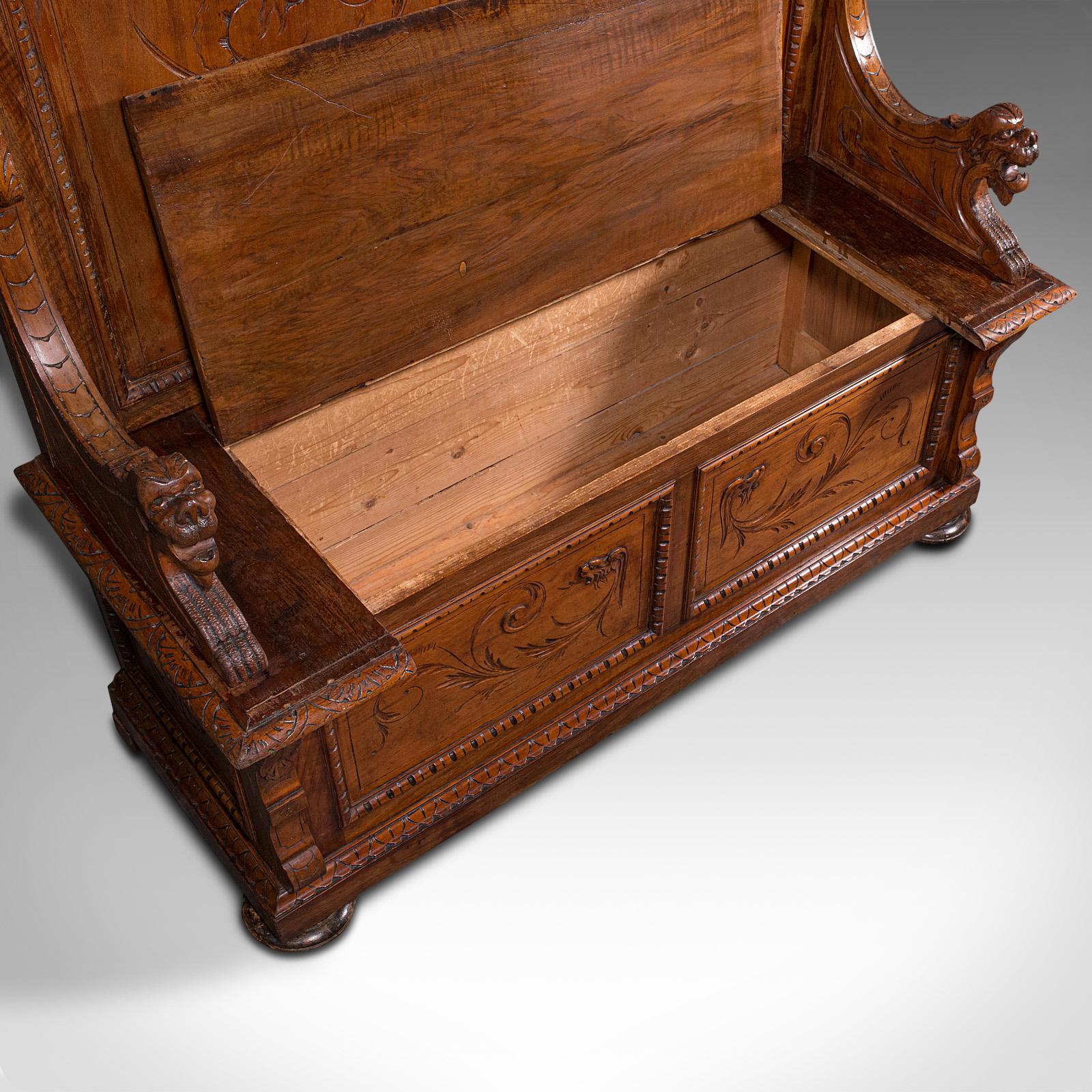 Large Antique Hall Settle, Italian, Pine, Walnut, Bench, Pew, Victorian, C.1850 For Sale 5