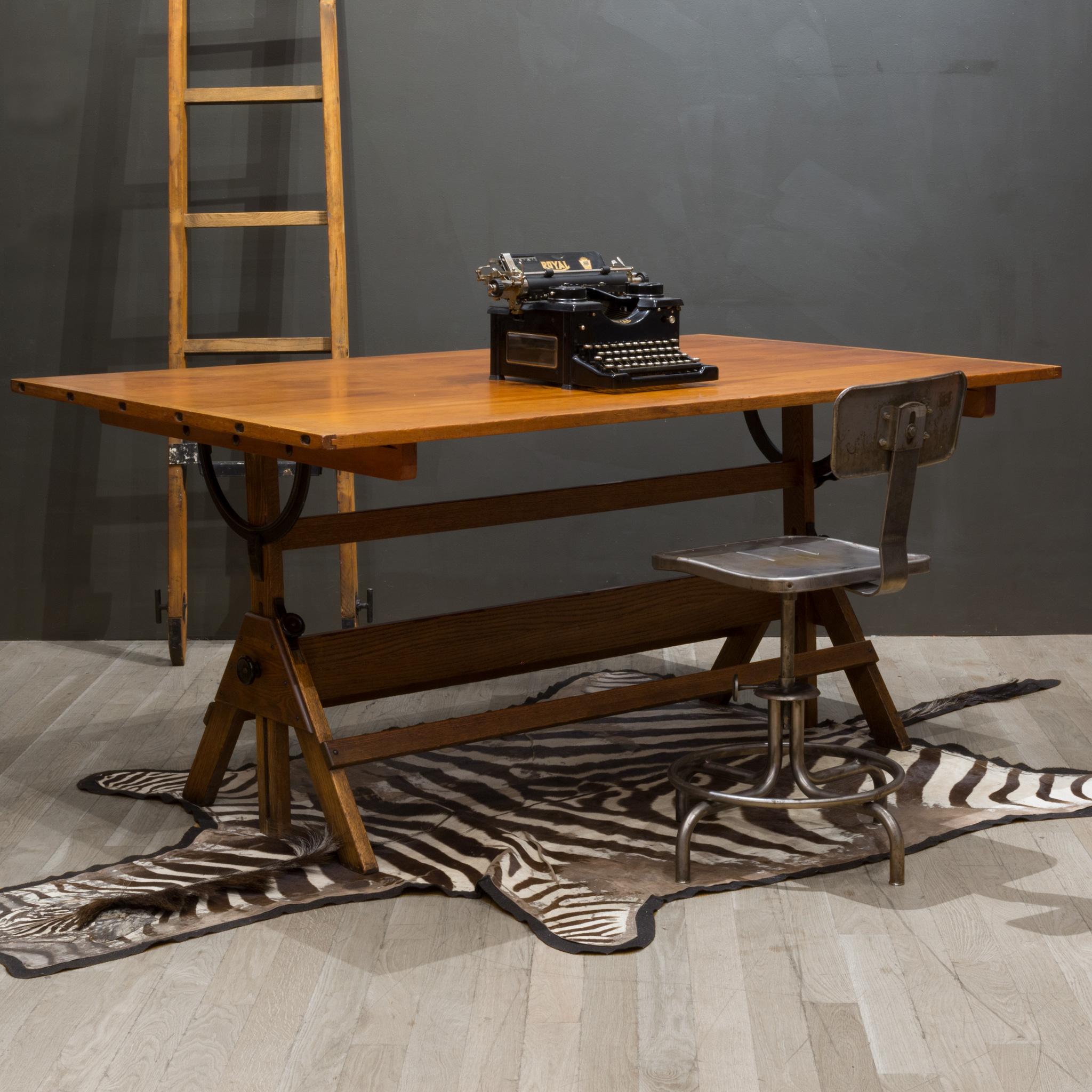 Industrial Large Antique Hamilton Wood and Cast Iron Drafting Table, C.1930
