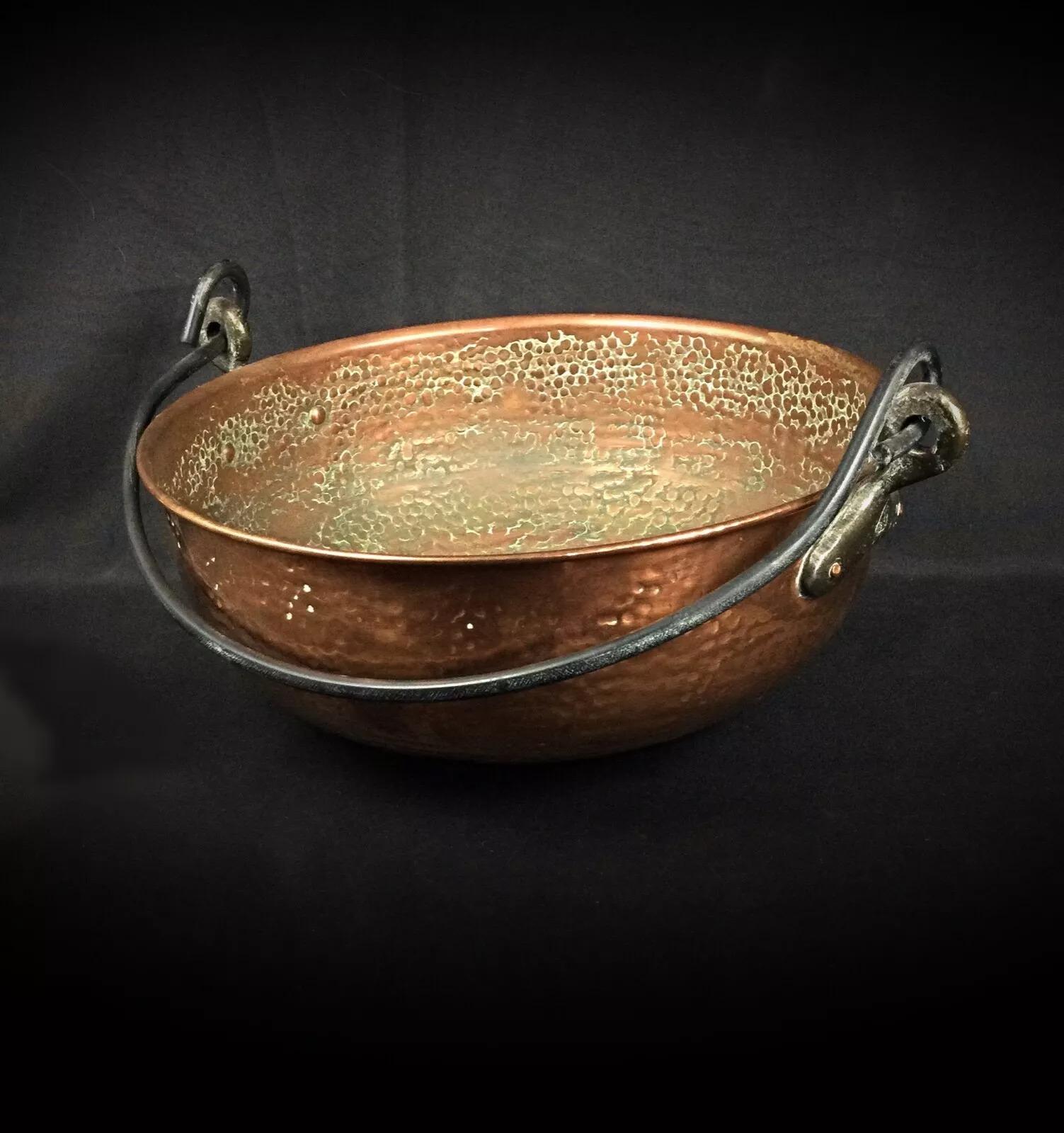 Large Antique Hammered Copper Cauldron with Forged Iron Handle - 2Y267 5