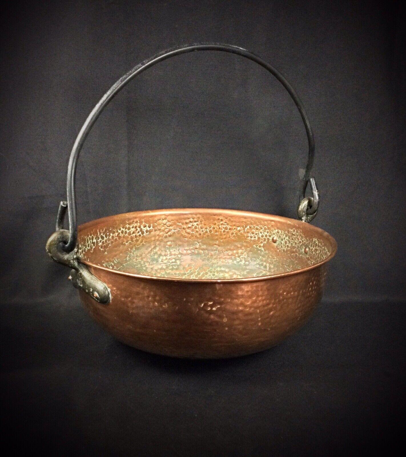 Large Antique Hammered Copper Cauldron with Forged Iron Handle - 2Y267 6