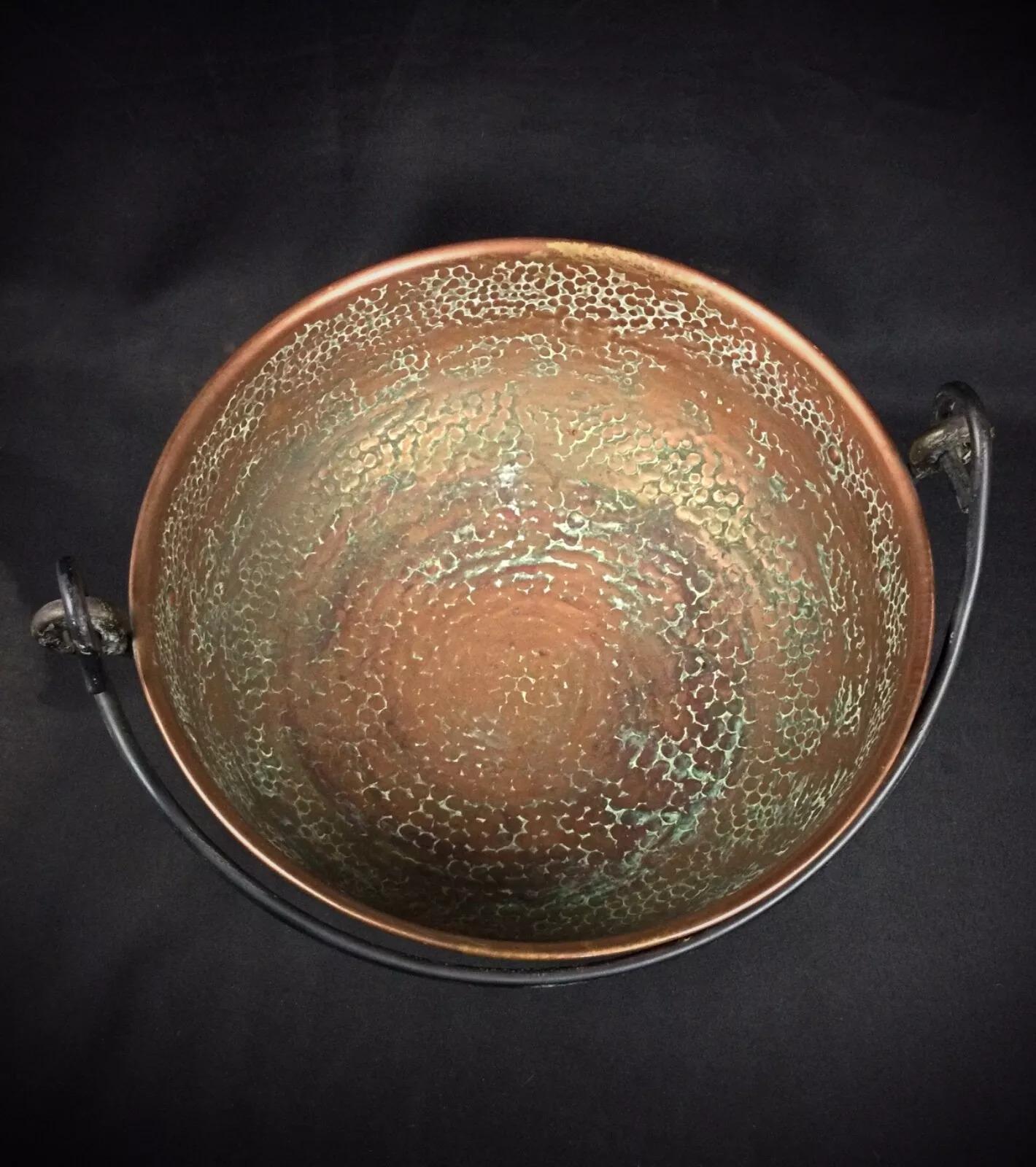 20th Century Large Antique Hammered Copper Cauldron with Forged Iron Handle - 2Y267