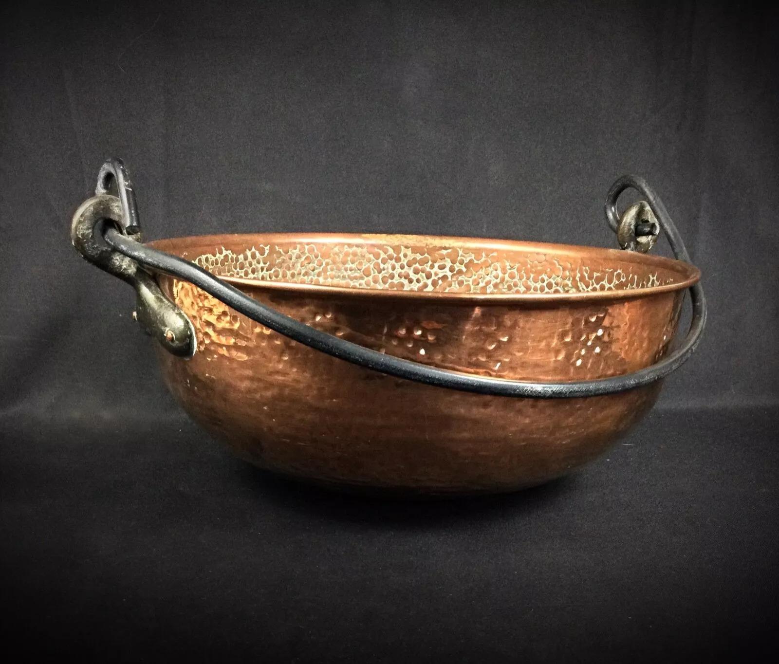Large Antique Hammered Copper Cauldron with Forged Iron Handle - 2Y267 1