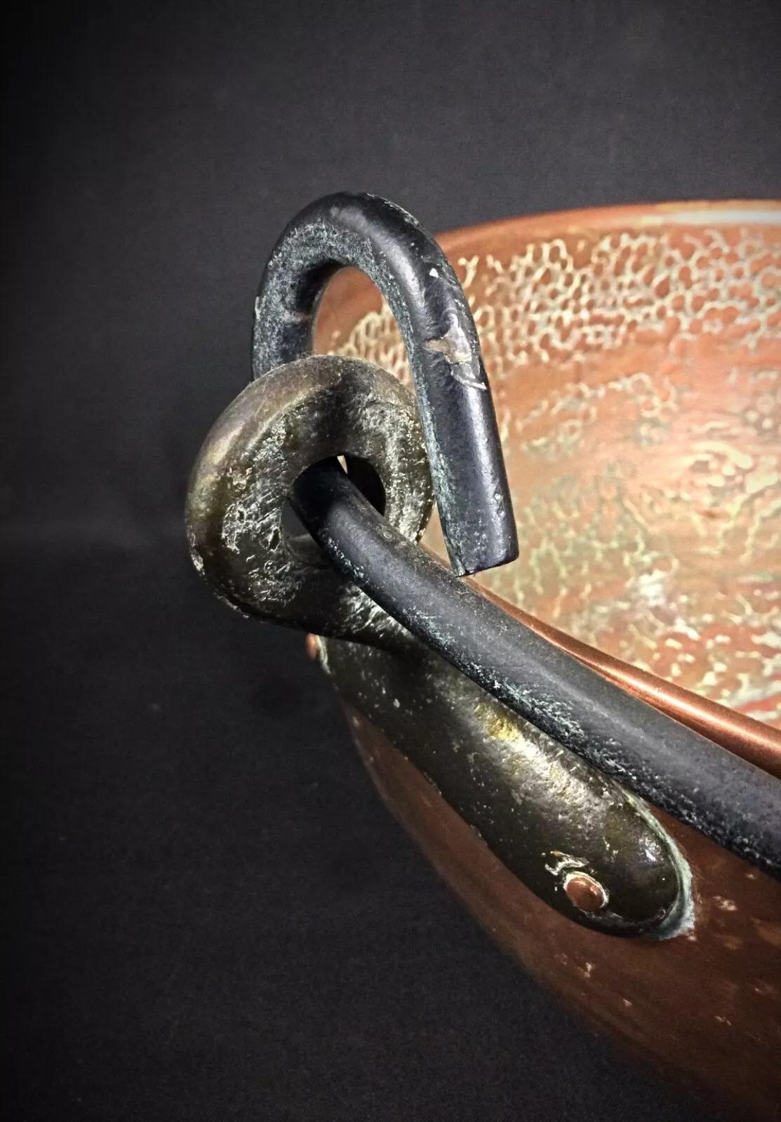 Large Antique Hammered Copper Cauldron with Forged Iron Handle - 2Y267 4