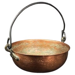 Large Antique Hammered Copper Cauldron with Forged Iron Handle - 2Y267