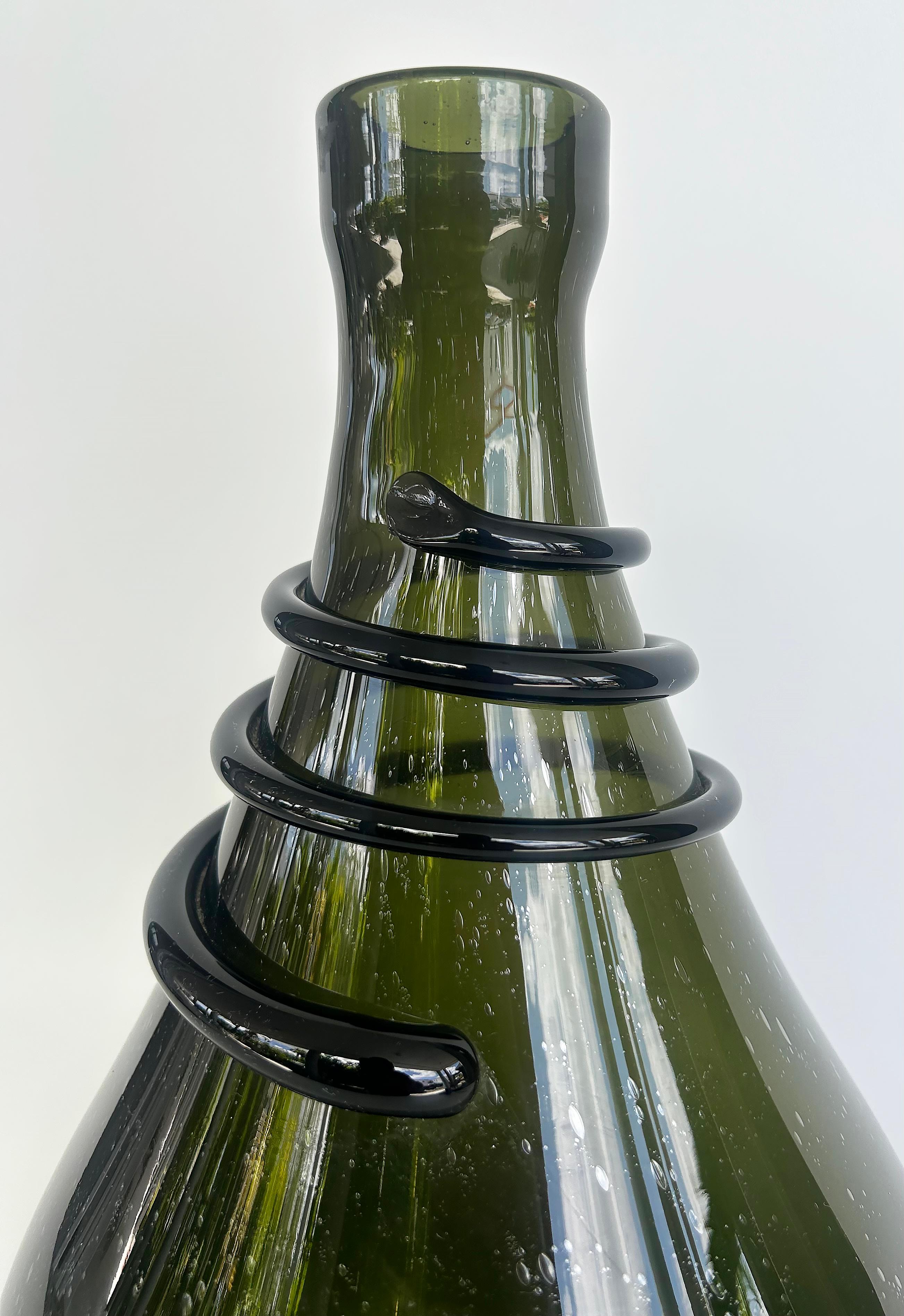 Fatto a mano Large Antique Hand-blown Glass Bocksbeutel Wine Bottle, Coil Grip from Persia in vendita