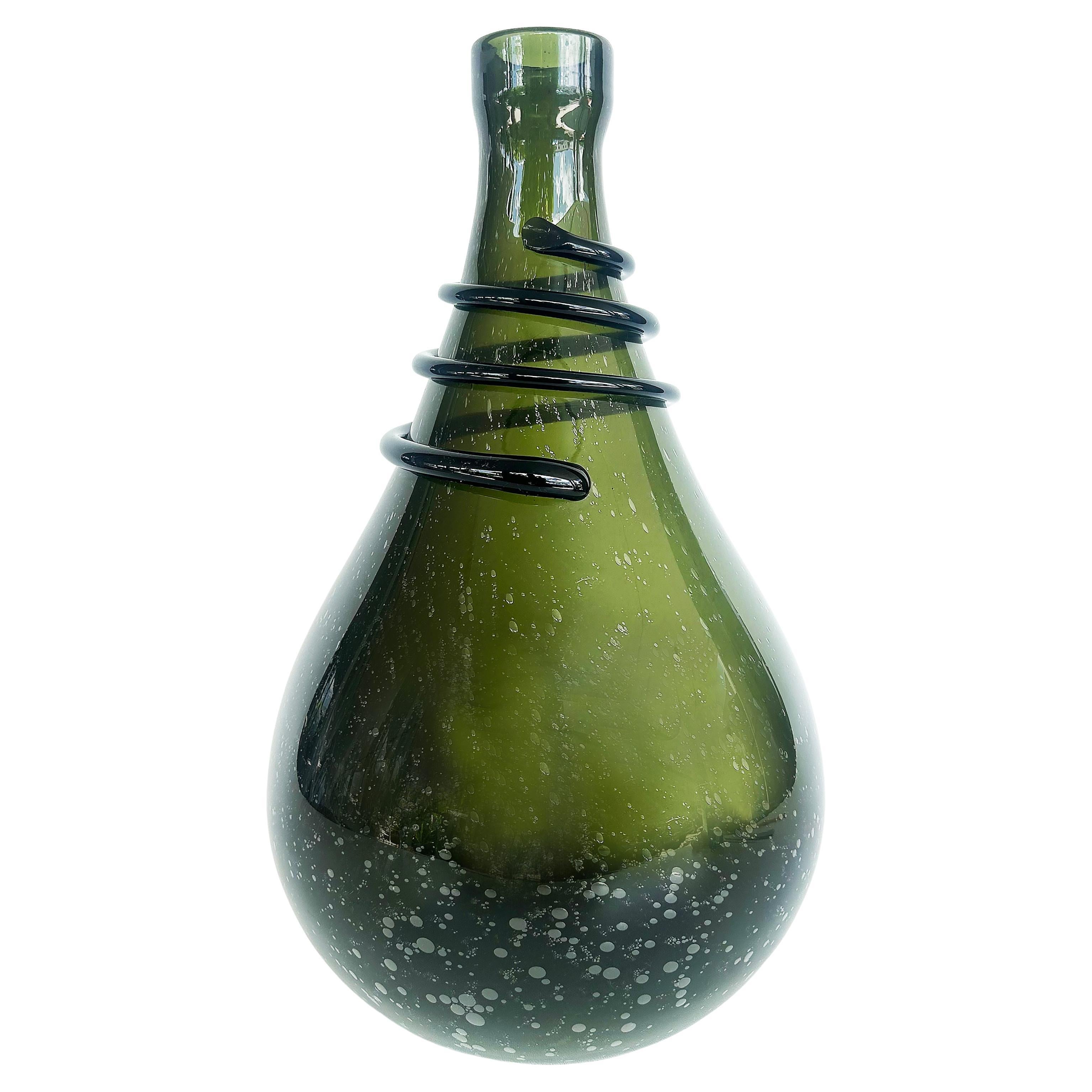 Large Antique Hand-blown Glass Bocksbeutel Wine Bottle, Coil Grip from Persia in vendita