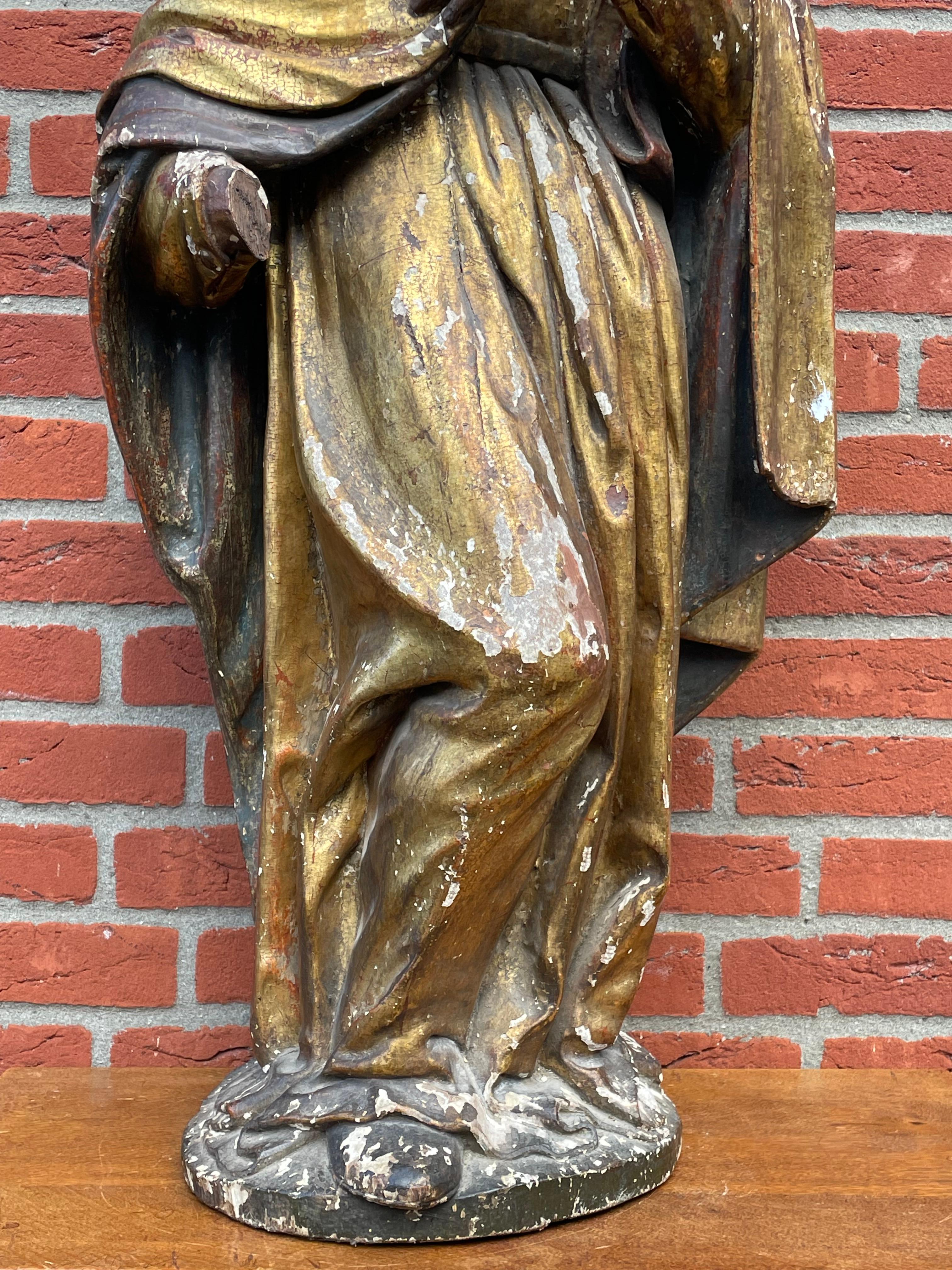 Large Antique Hand Carved Gilt Wooden Polychrome Painted Female Saint Sculpture 4