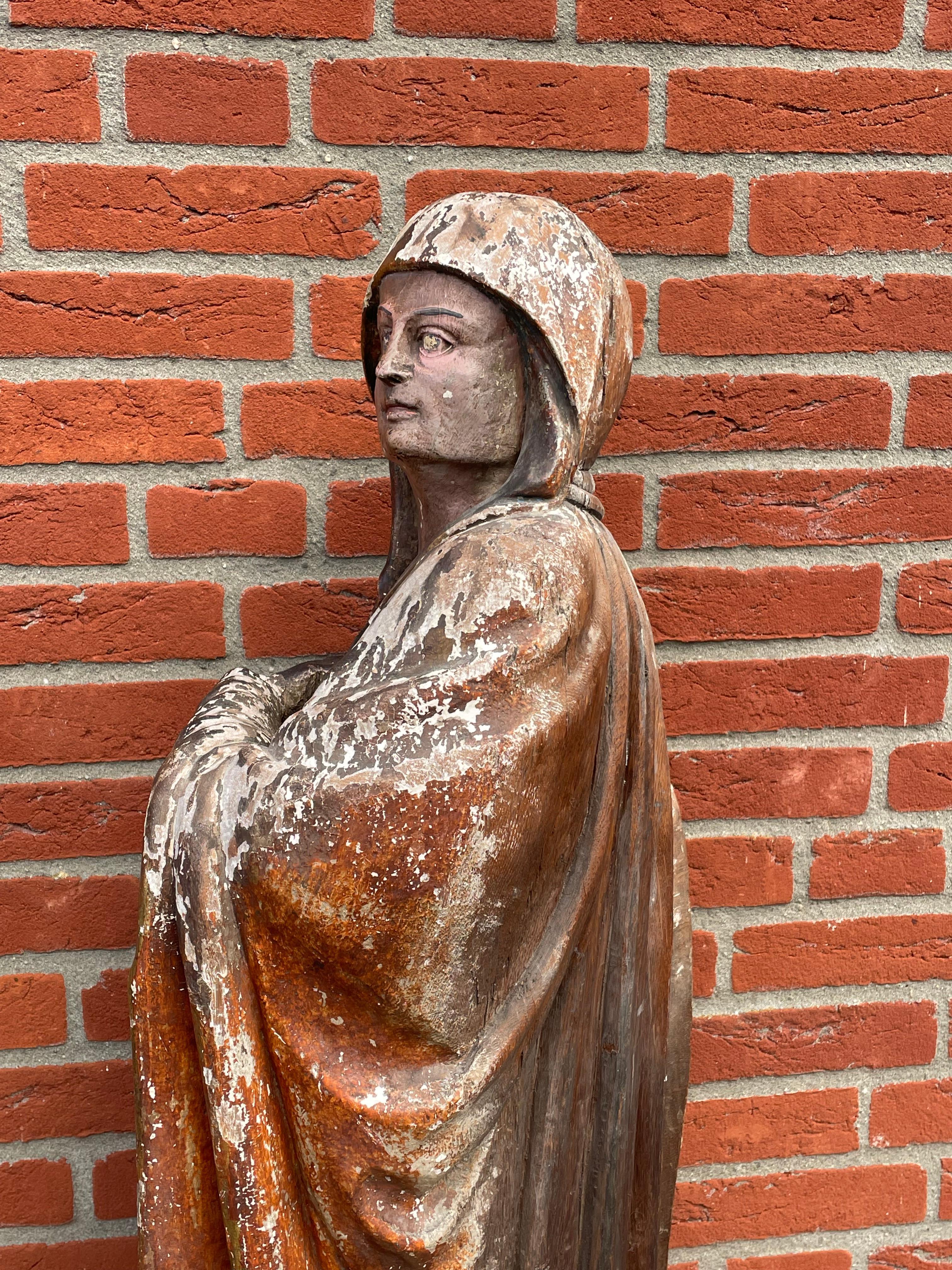 Large Antique Hand Carved Gilt Wooden Polychrome Painted Female Saint Sculpture 5