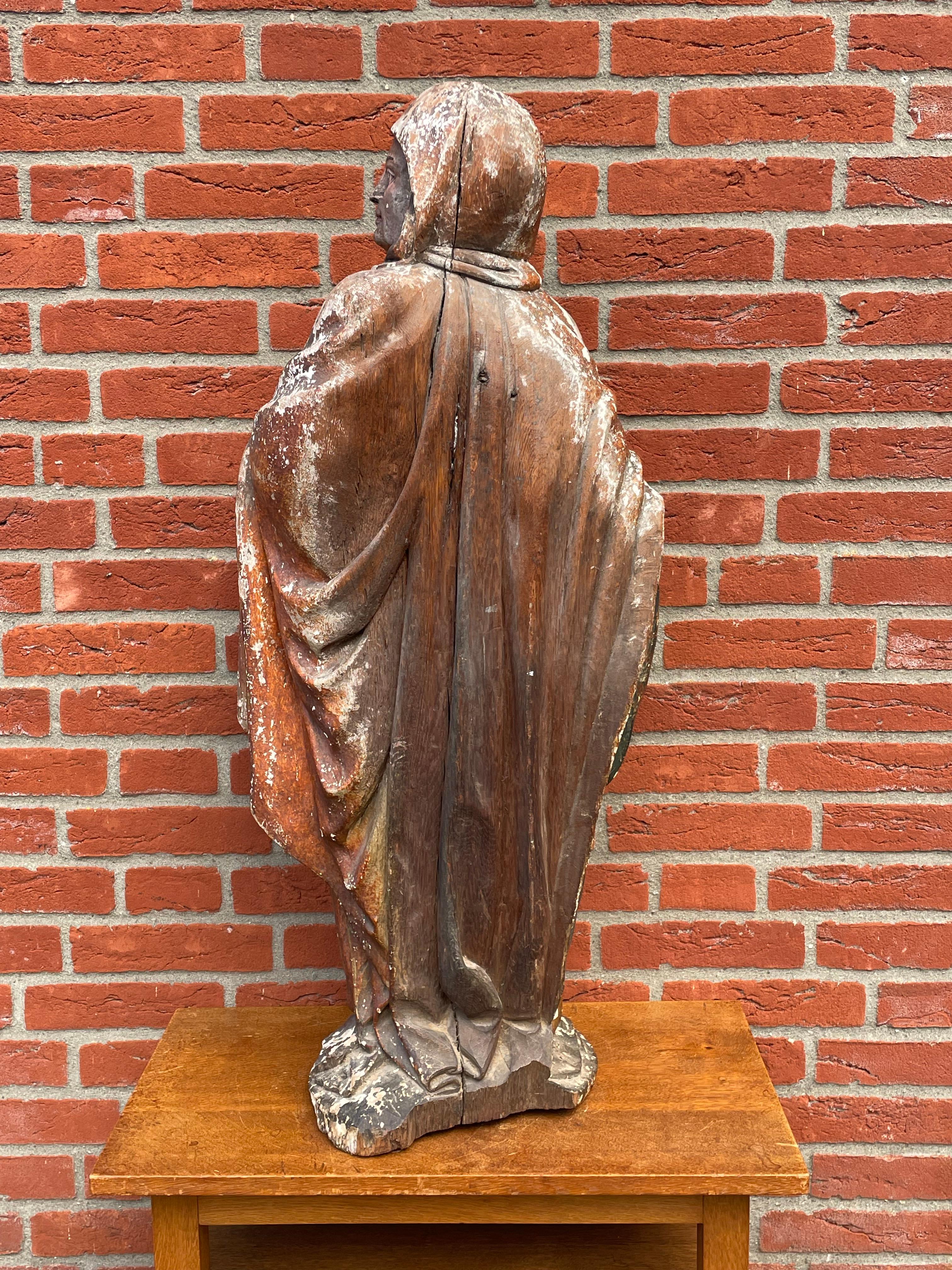 Large Antique Hand Carved Gilt Wooden Polychrome Painted Female Saint Sculpture 6