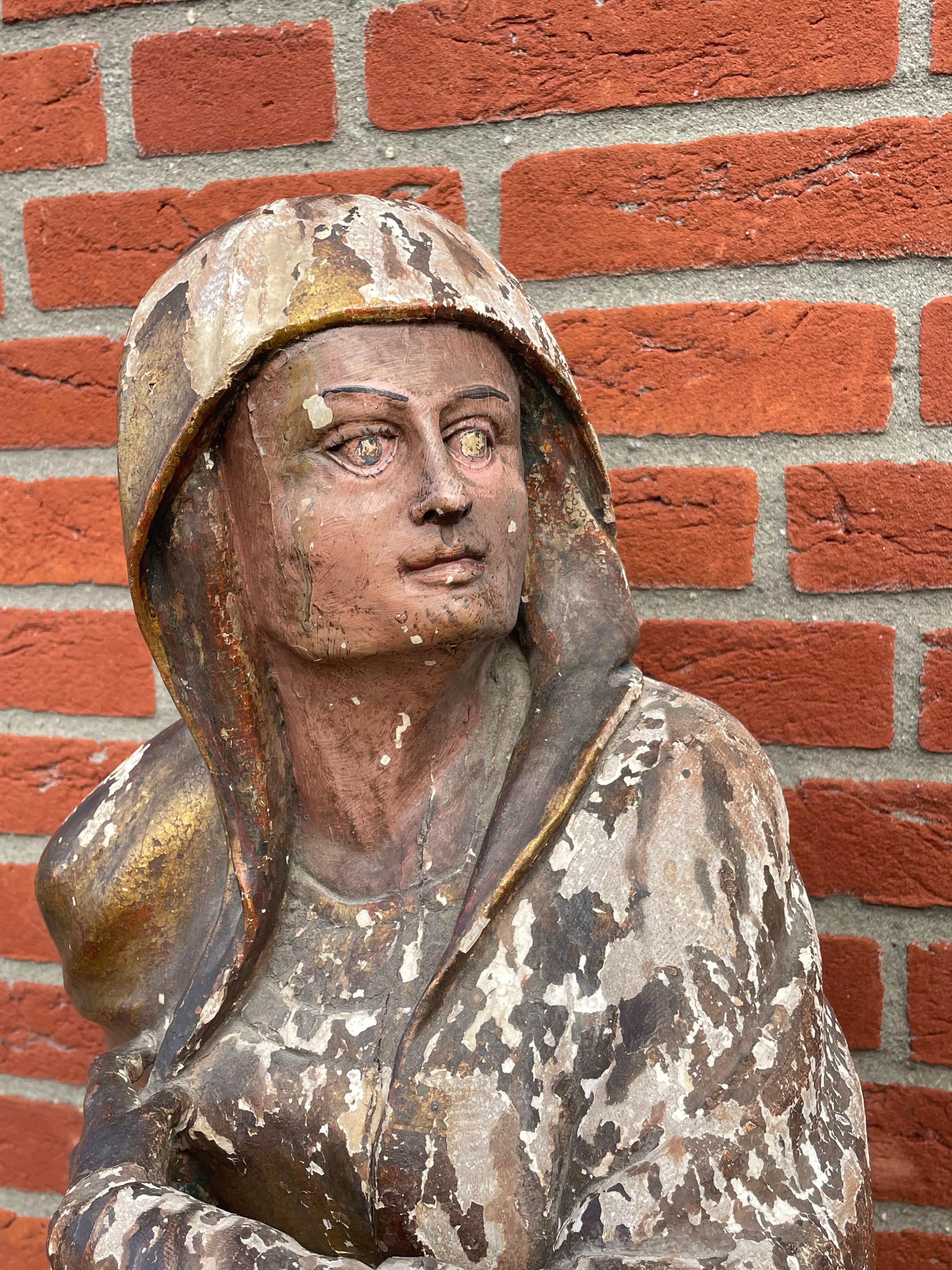Large Antique Hand Carved Gilt Wooden Polychrome Painted Female Saint Sculpture 7