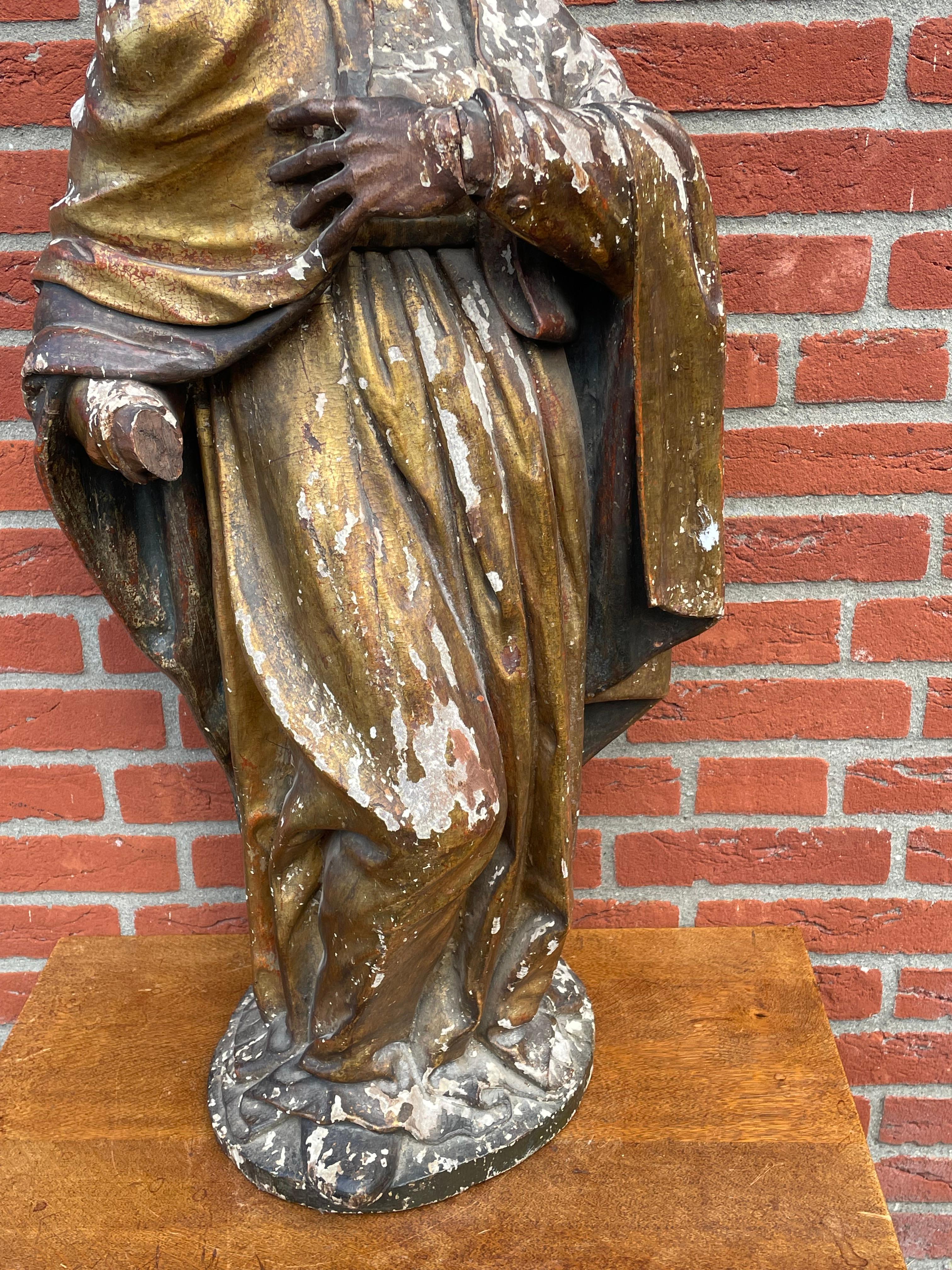 Large Antique Hand Carved Gilt Wooden Polychrome Painted Female Saint Sculpture 8
