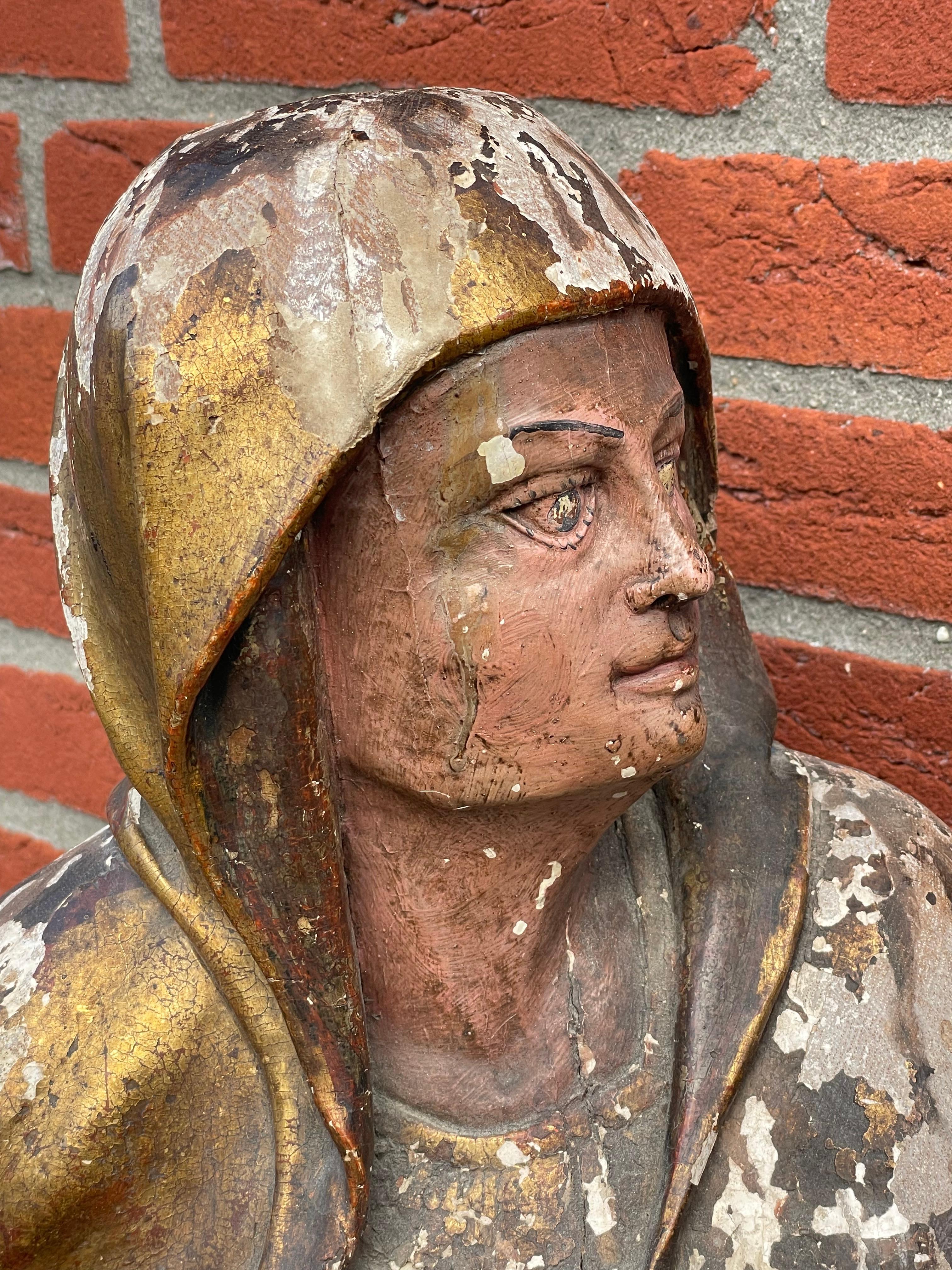 Large Antique Hand Carved Gilt Wooden Polychrome Painted Female Saint Sculpture 9