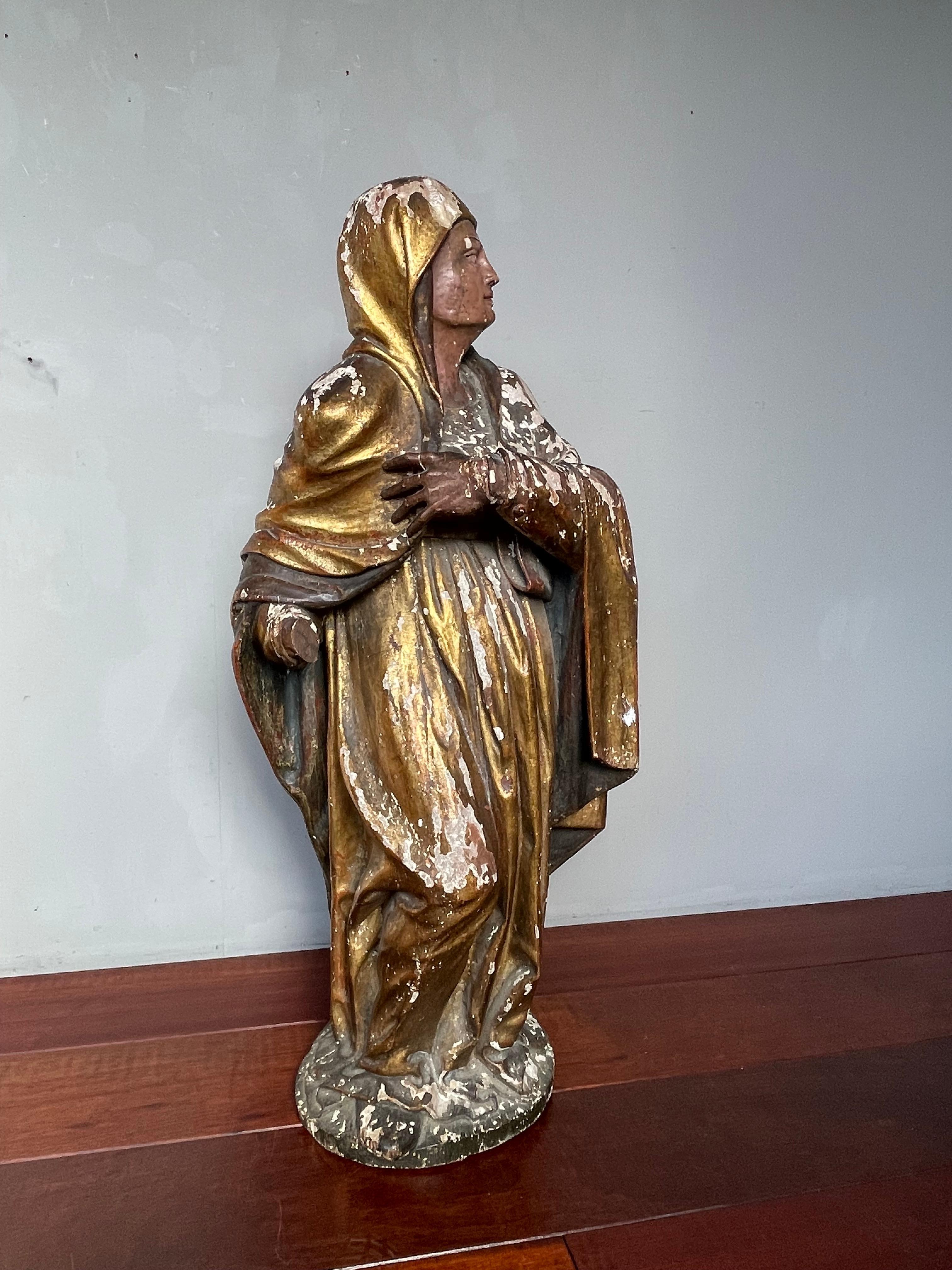 Large Antique Hand Carved Gilt Wooden Polychrome Painted Female Saint Sculpture 10