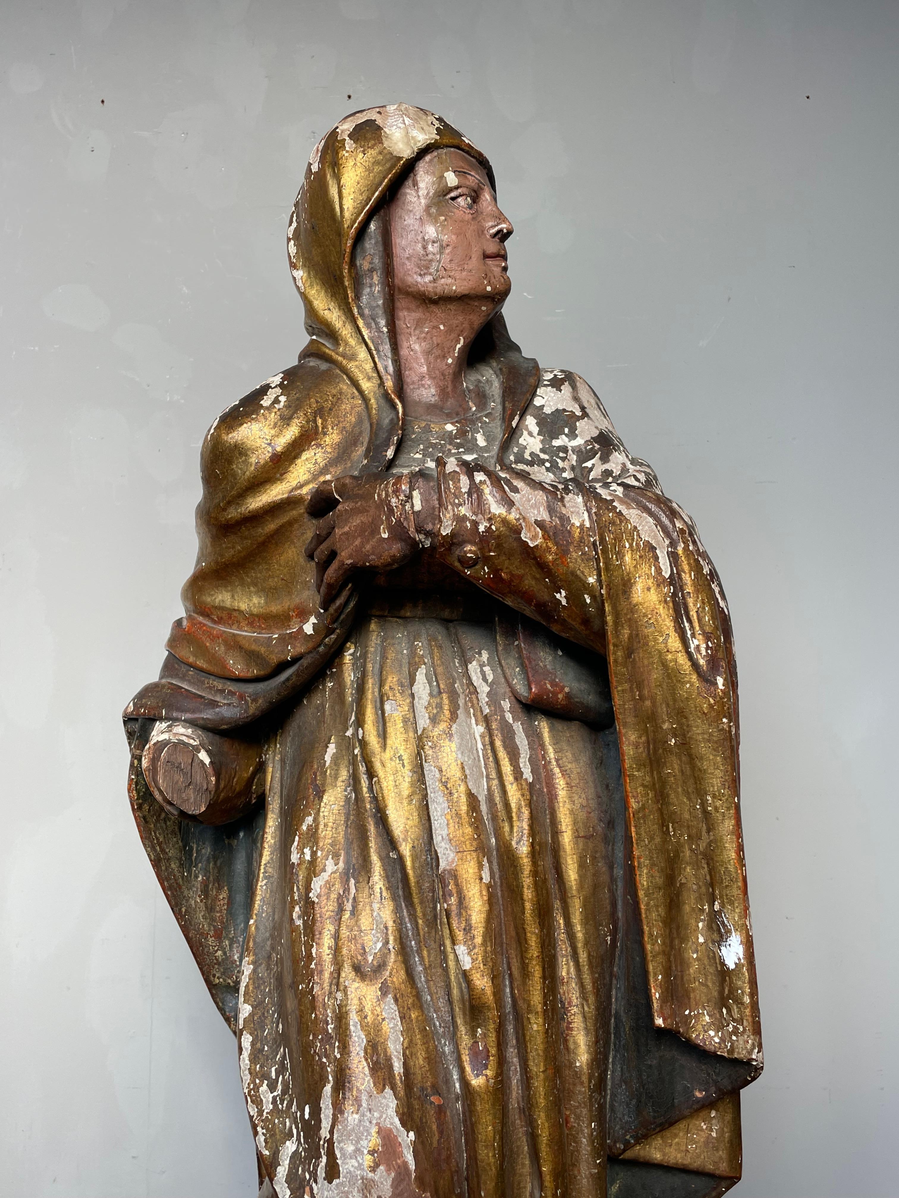 Large Antique Hand Carved Gilt Wooden Polychrome Painted Female Saint Sculpture 11