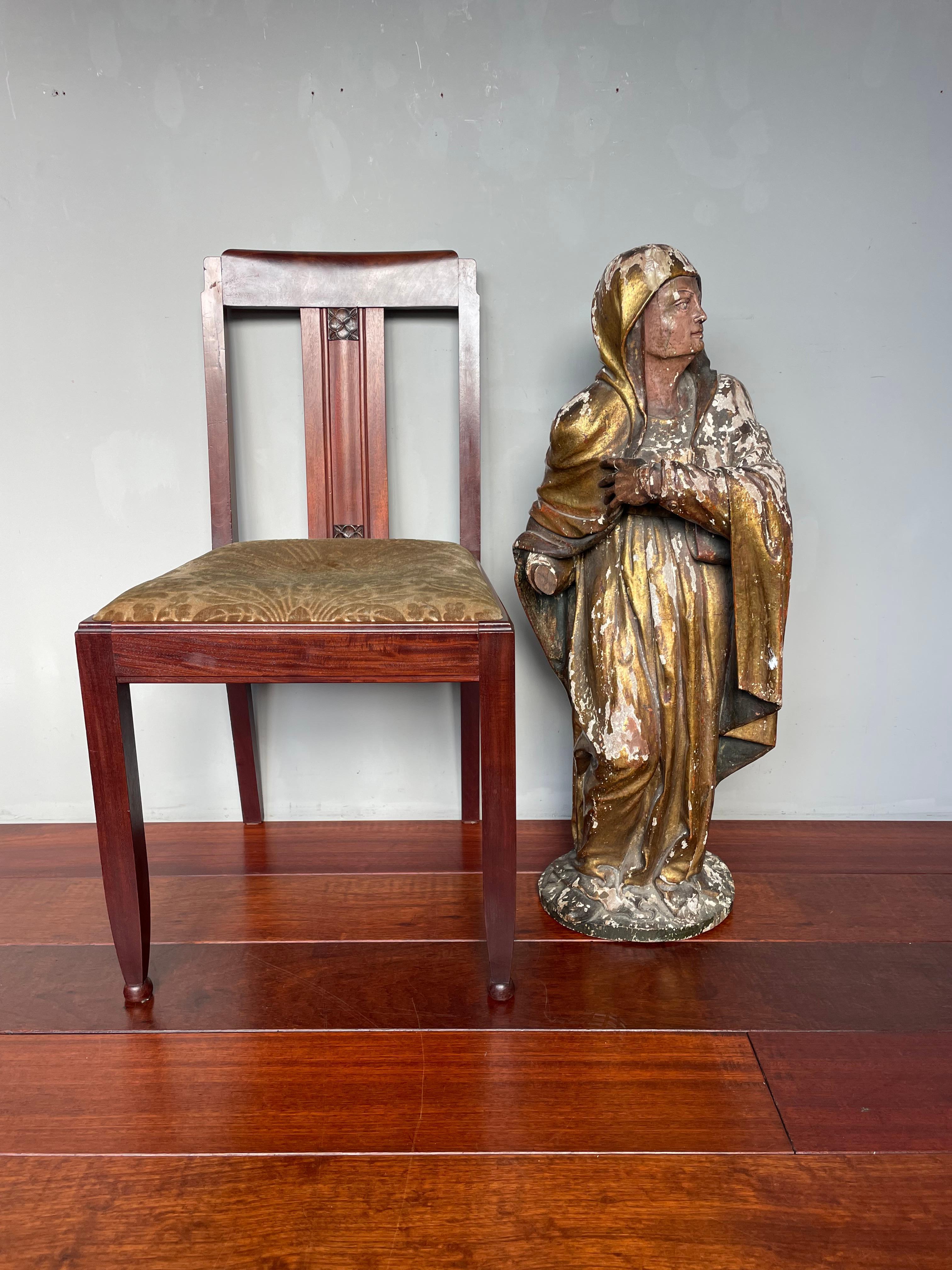 Large Antique Hand Carved Gilt Wooden Polychrome Painted Female Saint Sculpture 12