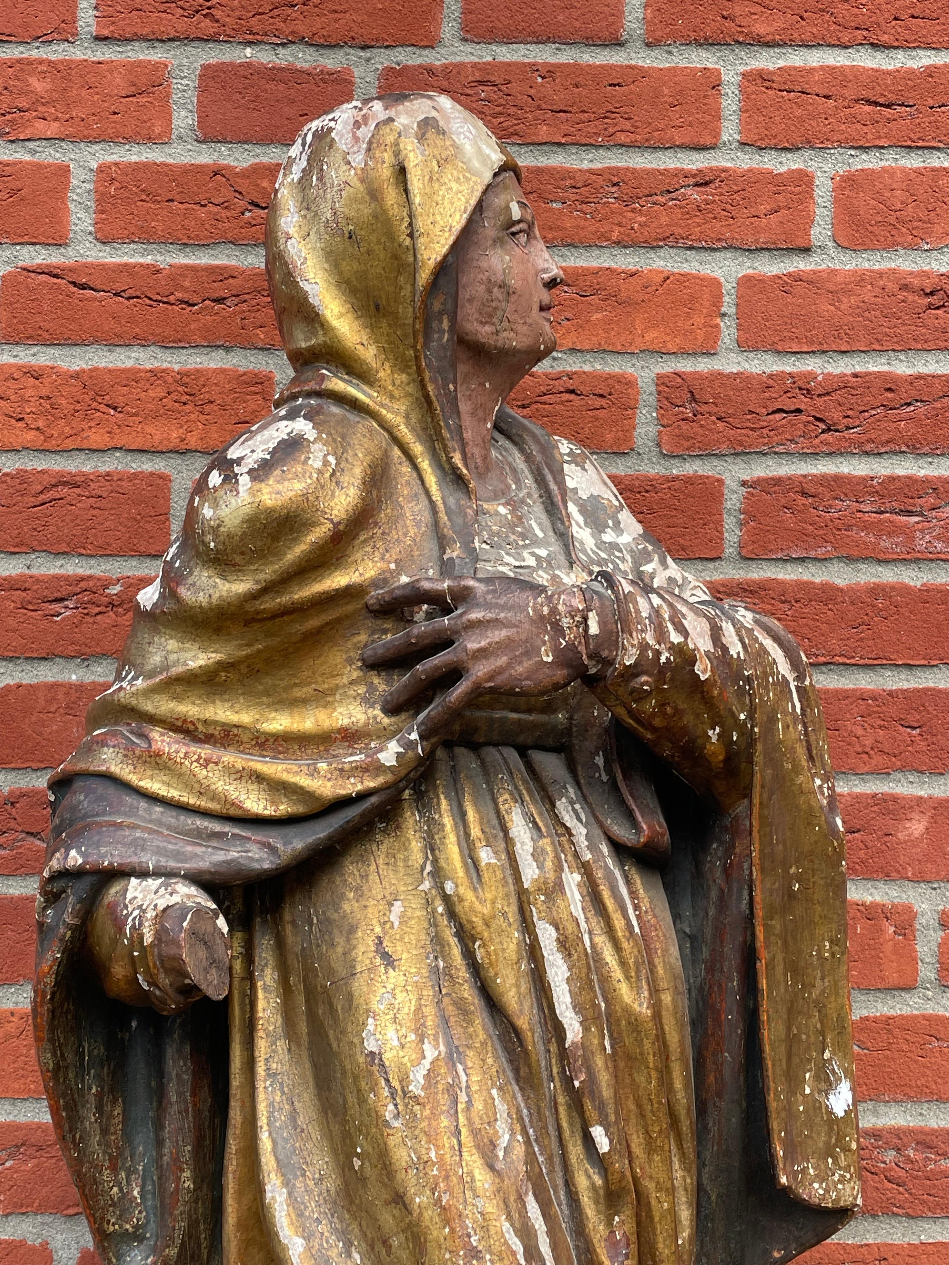 Renaissance Revival Large Antique Hand Carved Gilt Wooden Polychrome Painted Female Saint Sculpture