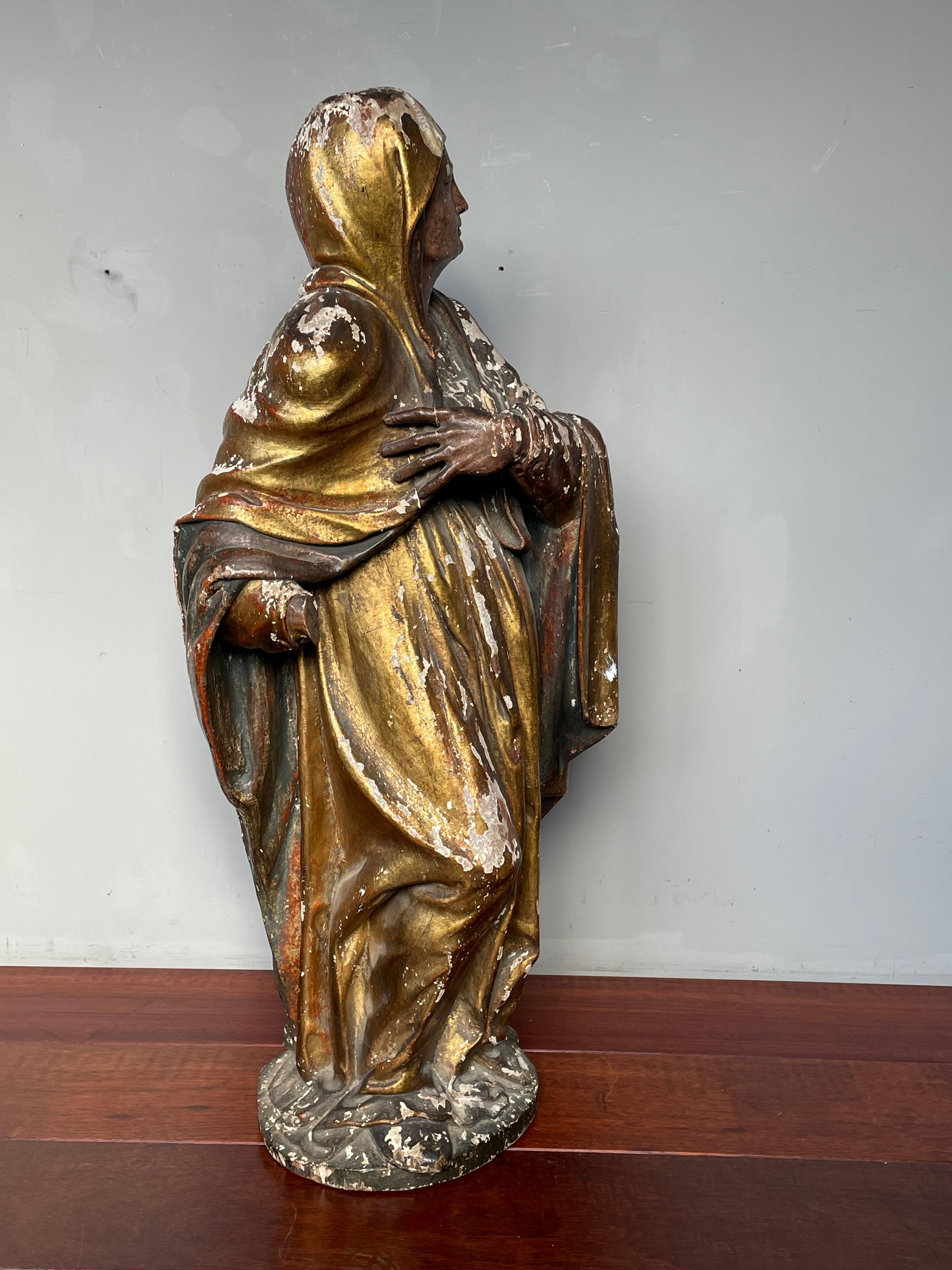 European Large Antique Hand Carved Gilt Wooden Polychrome Painted Female Saint Sculpture