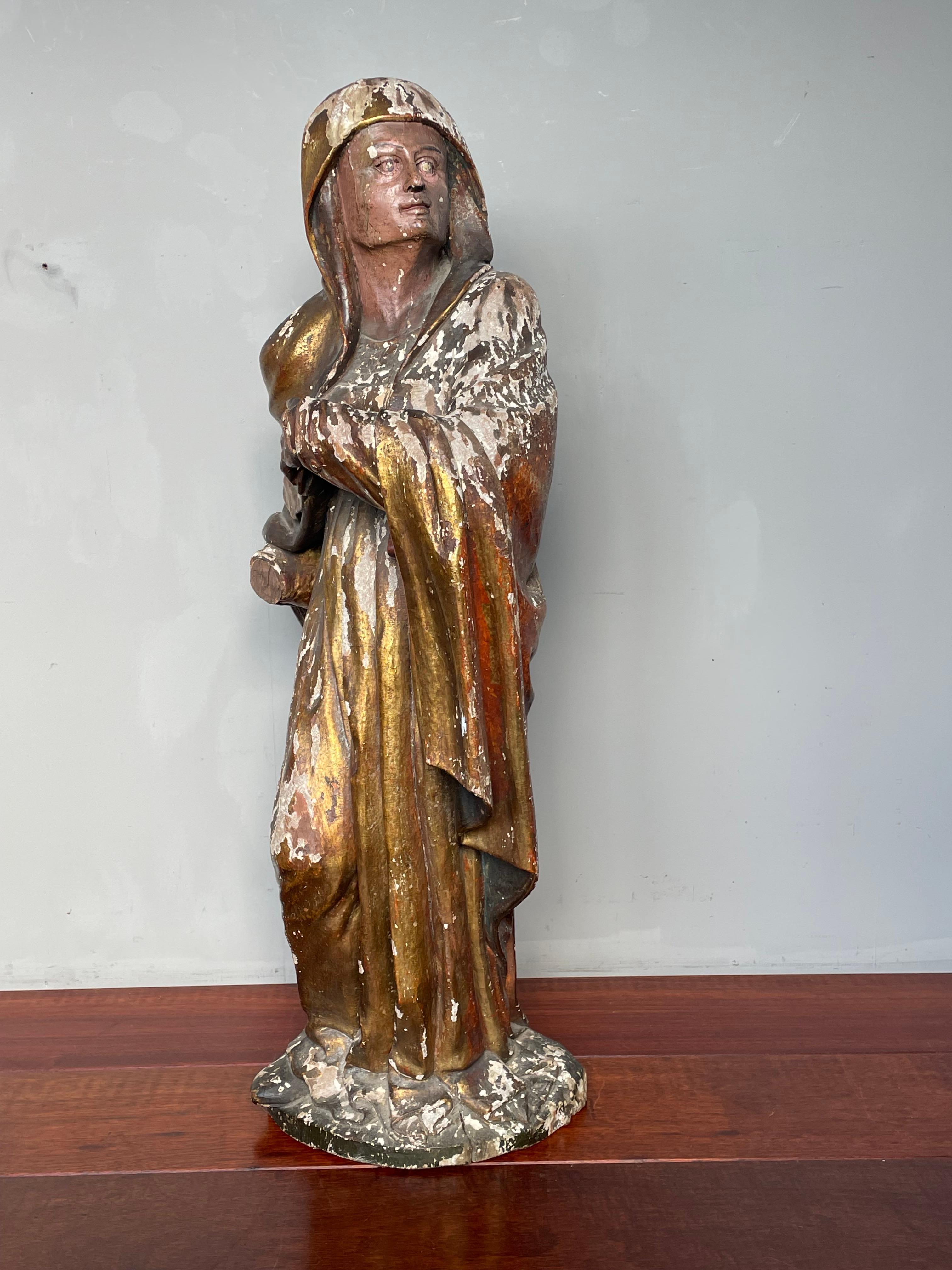 Patinated Large Antique Hand Carved Gilt Wooden Polychrome Painted Female Saint Sculpture