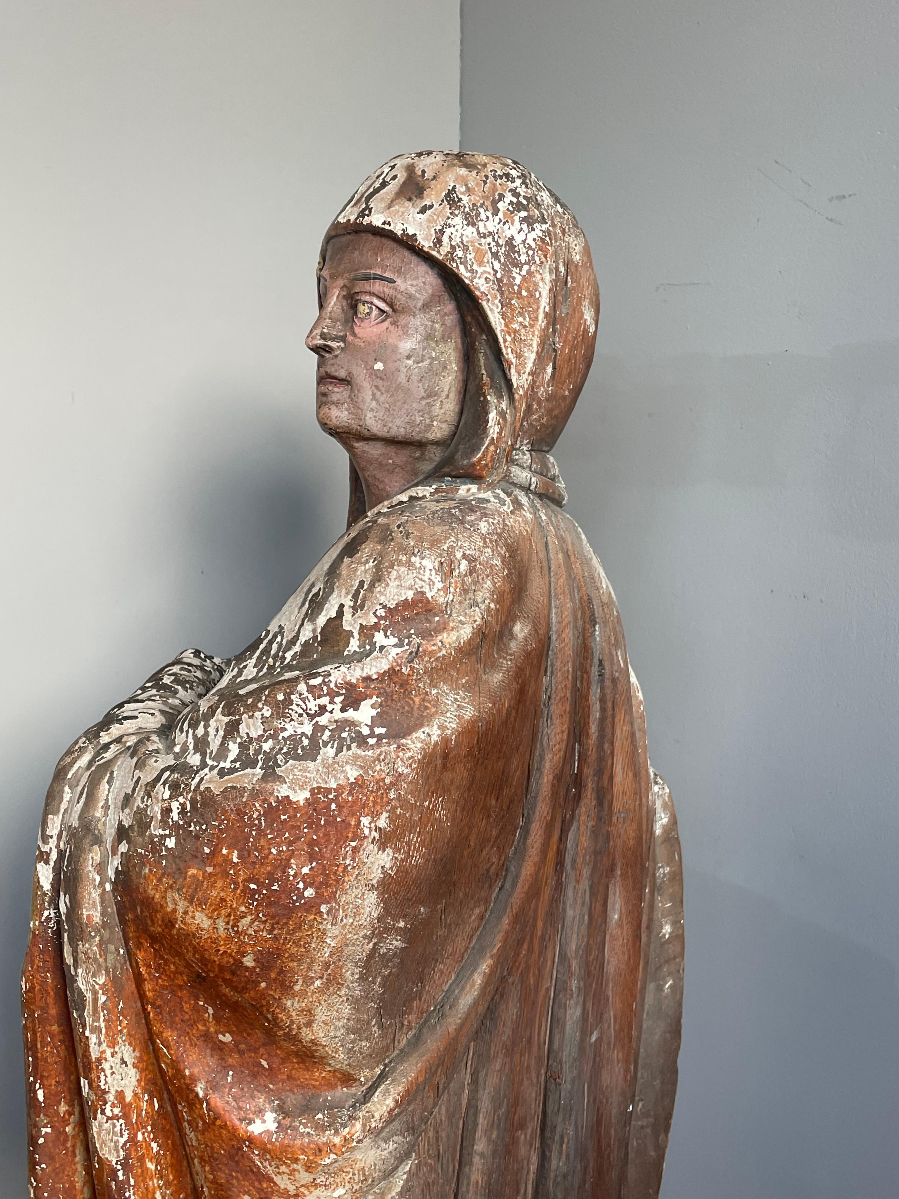 18th Century Large Antique Hand Carved Gilt Wooden Polychrome Painted Female Saint Sculpture