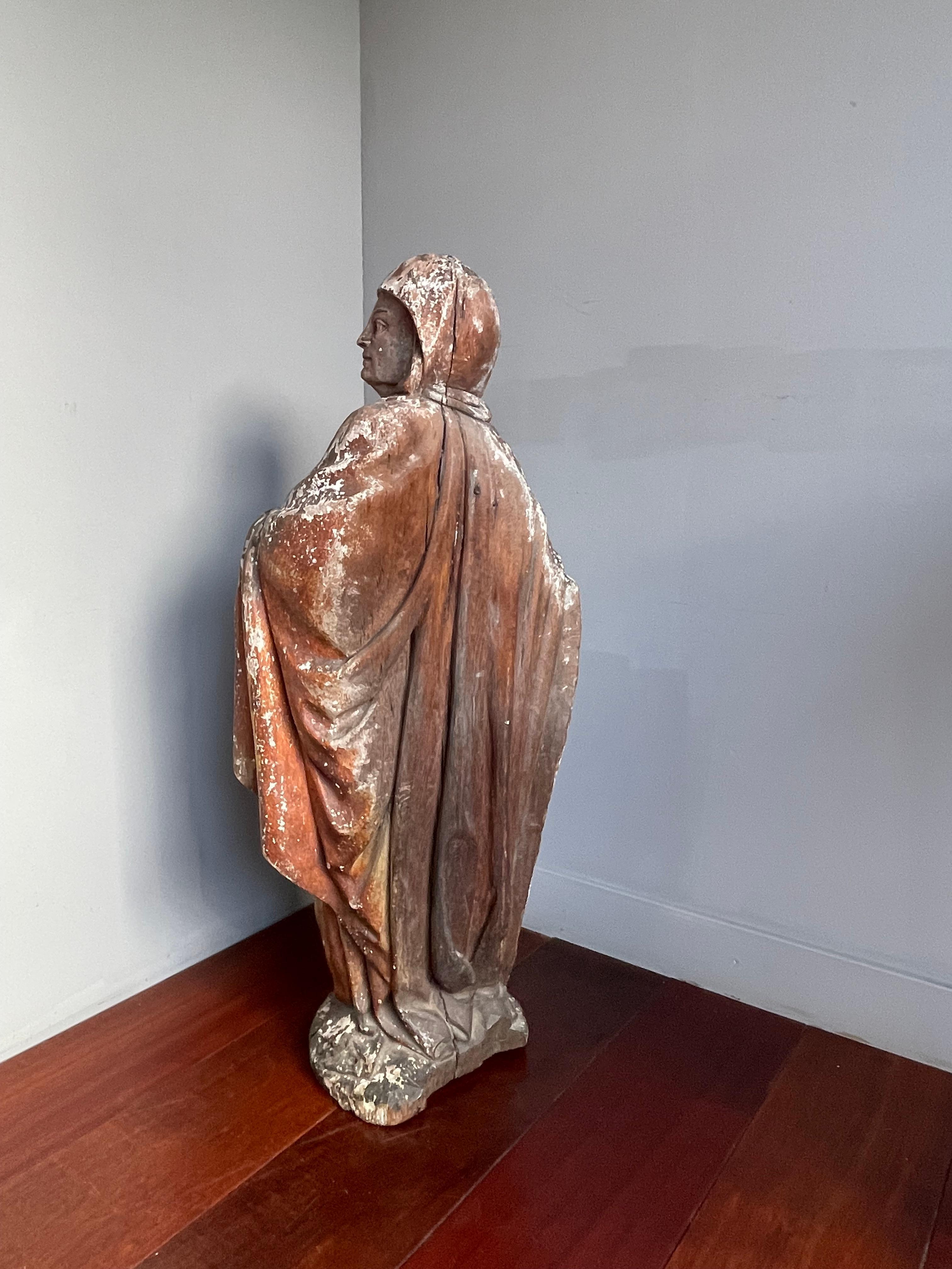 Gold Leaf Large Antique Hand Carved Gilt Wooden Polychrome Painted Female Saint Sculpture