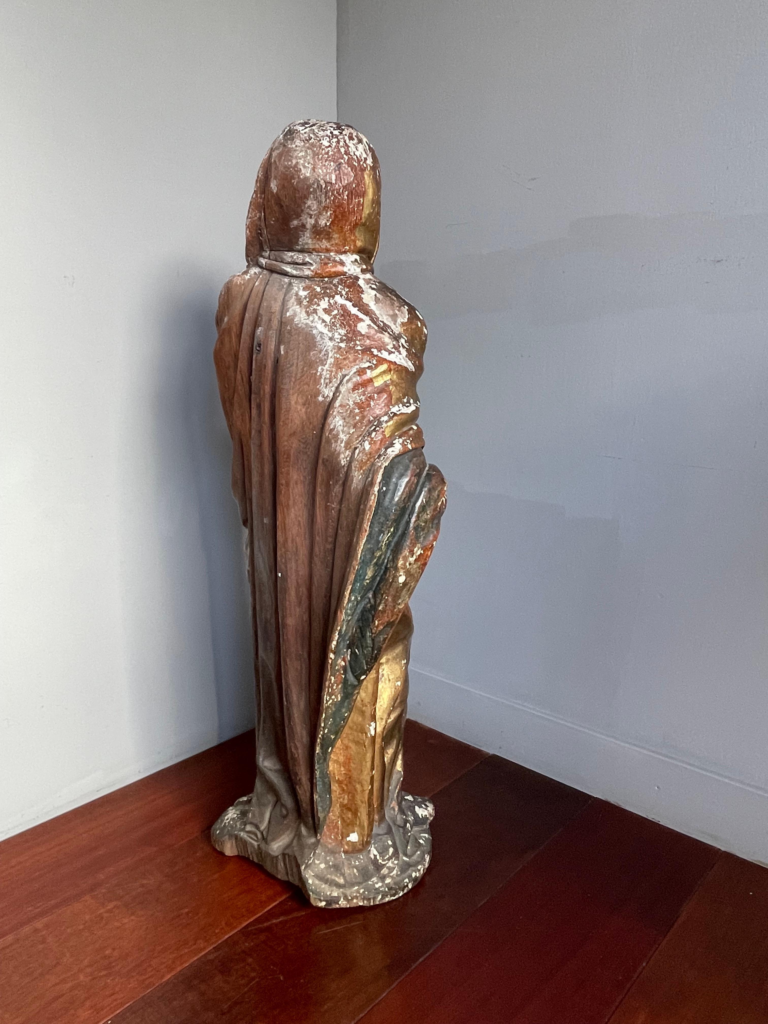 Large Antique Hand Carved Gilt Wooden Polychrome Painted Female Saint Sculpture 1