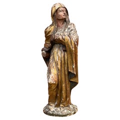 Large Antique Hand Carved Gilt Wooden Polychrome Painted Female Saint Sculpture