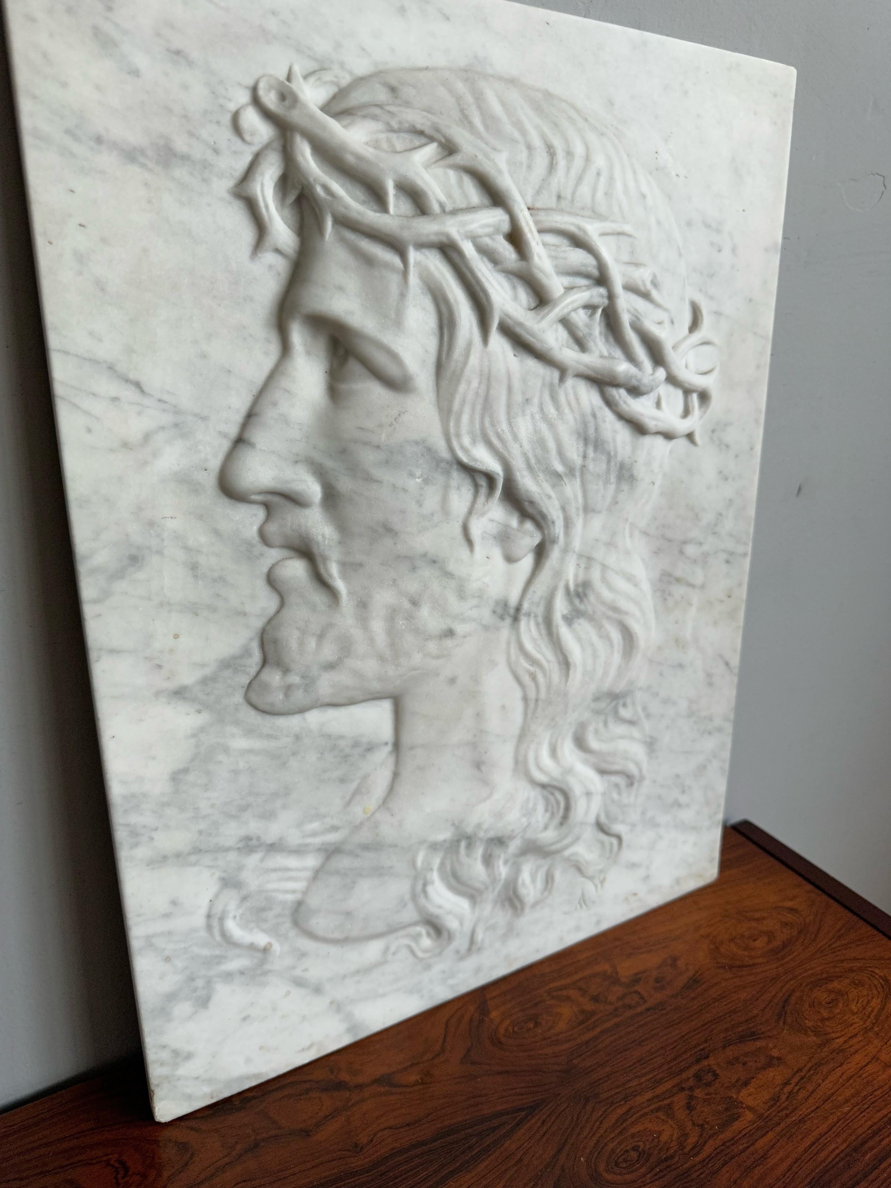 Large Antique & Hand Carved Marble Plaque Sculpture of Jesus w. Crown of Thorns For Sale 3