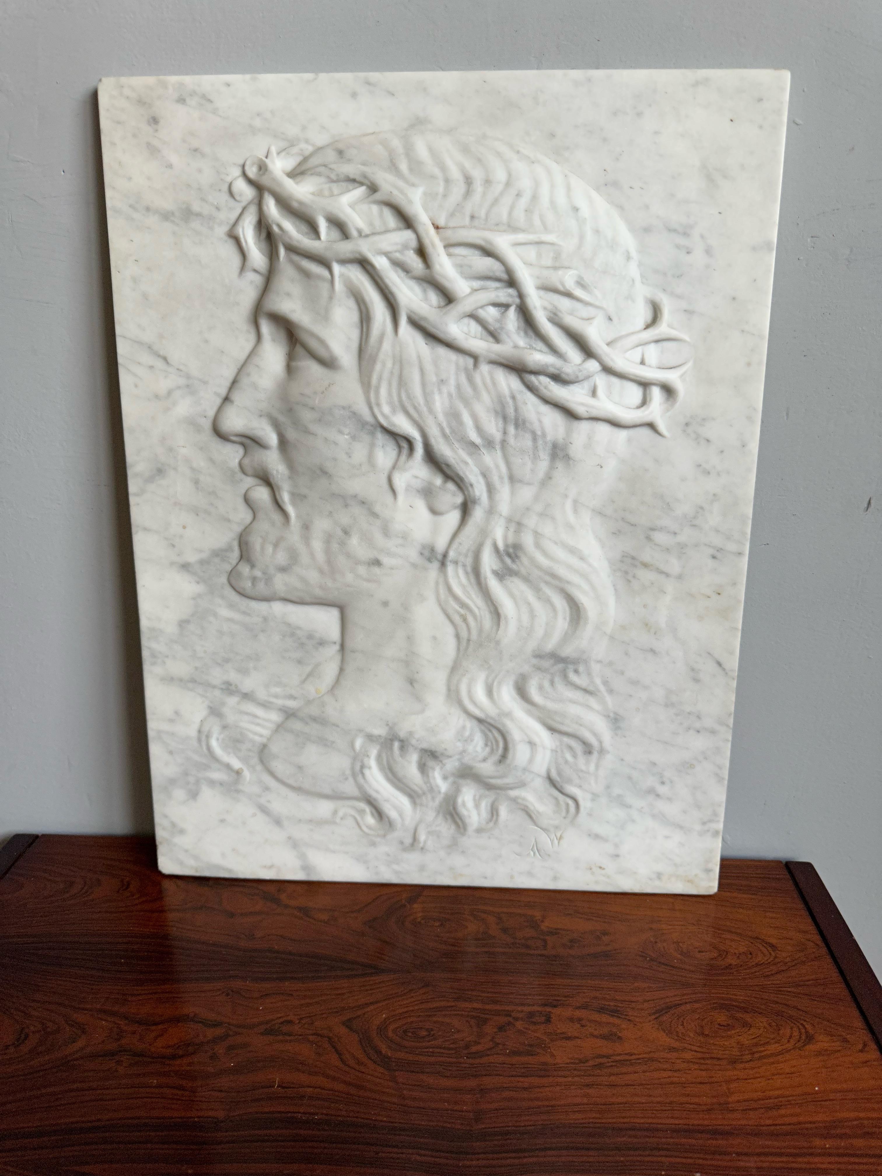 Large Antique & Hand Carved Marble Plaque Sculpture of Jesus w. Crown of Thorns For Sale 9