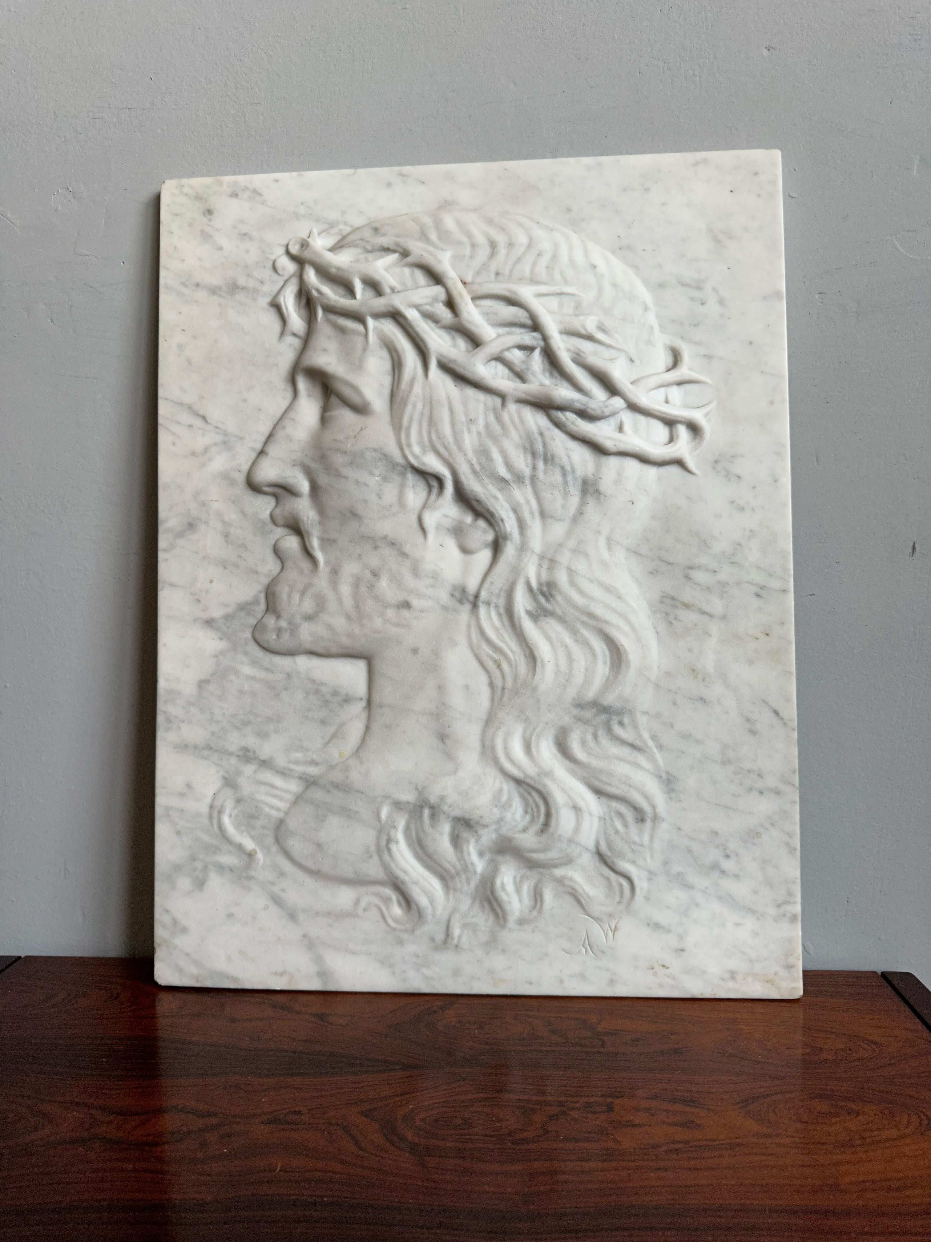 Large Antique & Hand Carved Marble Plaque Sculpture of Jesus w. Crown of Thorns For Sale 10
