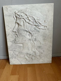 Large Antique & Hand Carved Marble Plaque Sculpture of Jesus w. Crown of Thorns