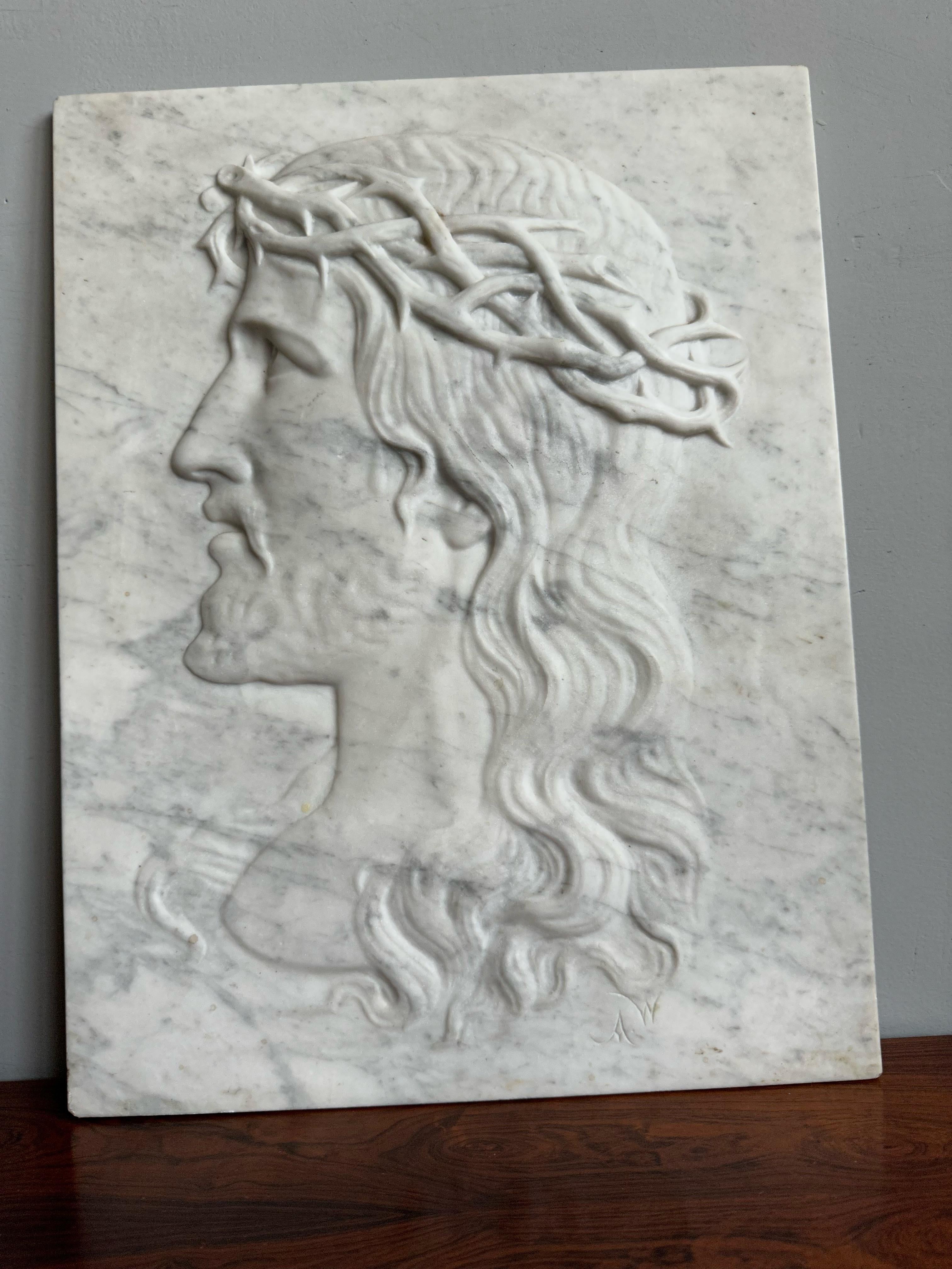 Large Antique & Hand Carved Marble Plaque Sculpture of Jesus w. Crown of Thorns For Sale 13