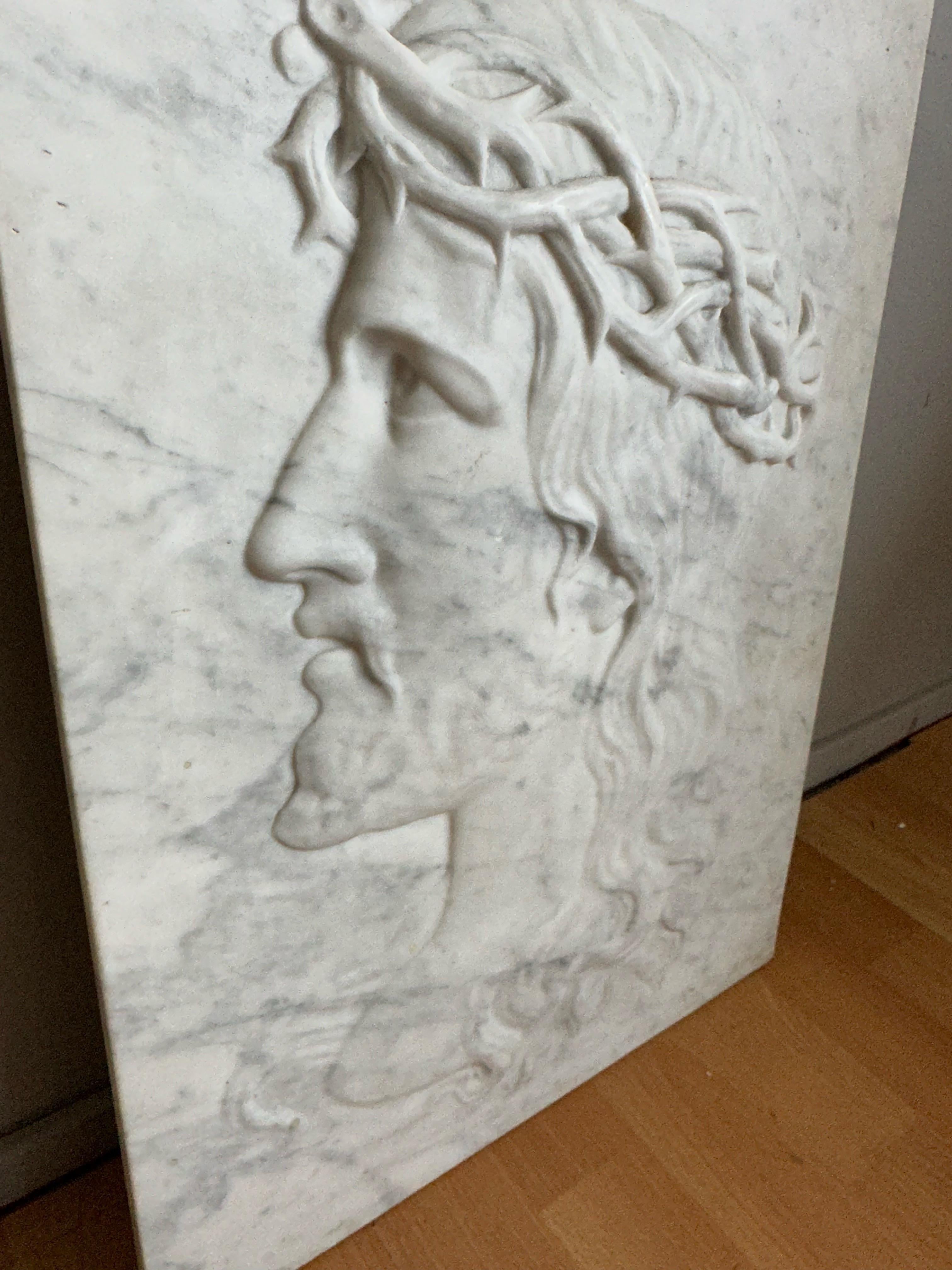 Art Deco Large Antique & Hand Carved Marble Plaque Sculpture of Jesus w. Crown of Thorns For Sale