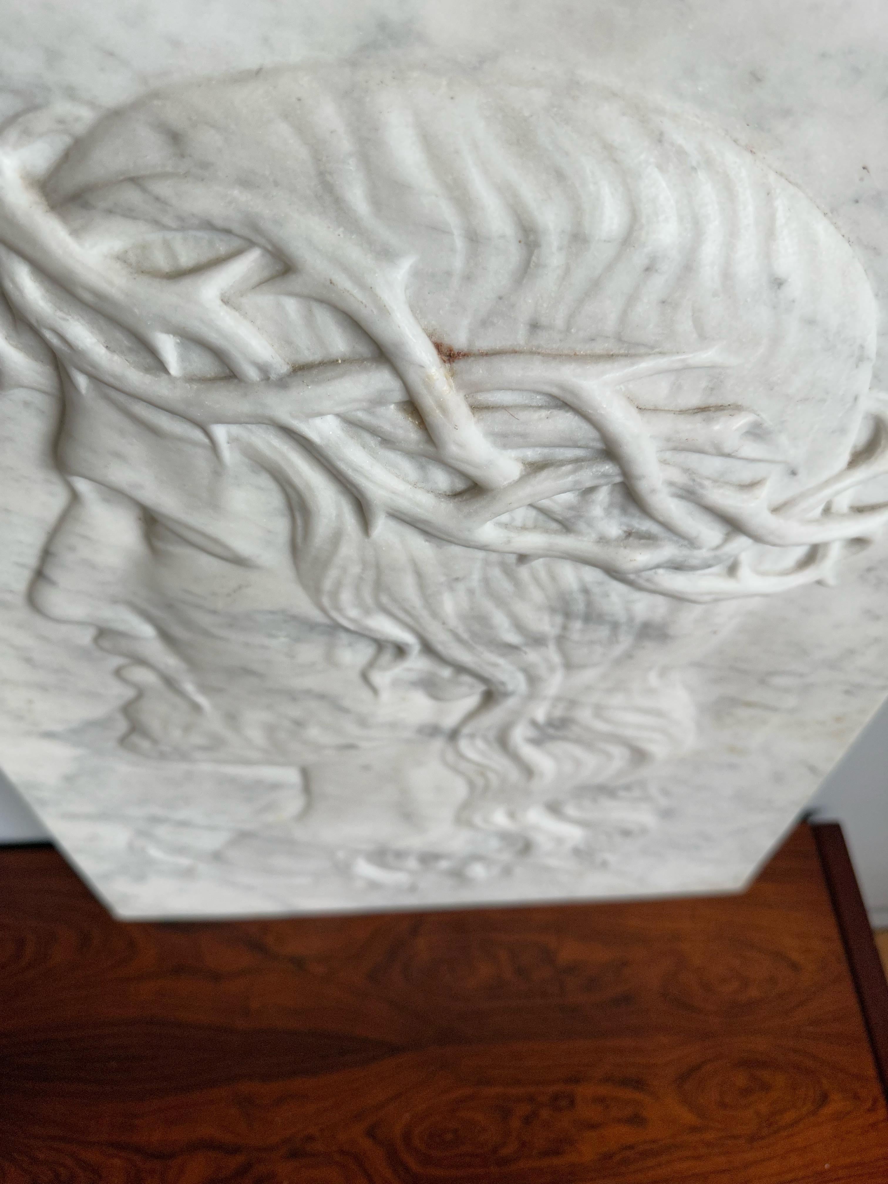 Hand-Carved Large Antique & Hand Carved Marble Plaque Sculpture of Jesus w. Crown of Thorns