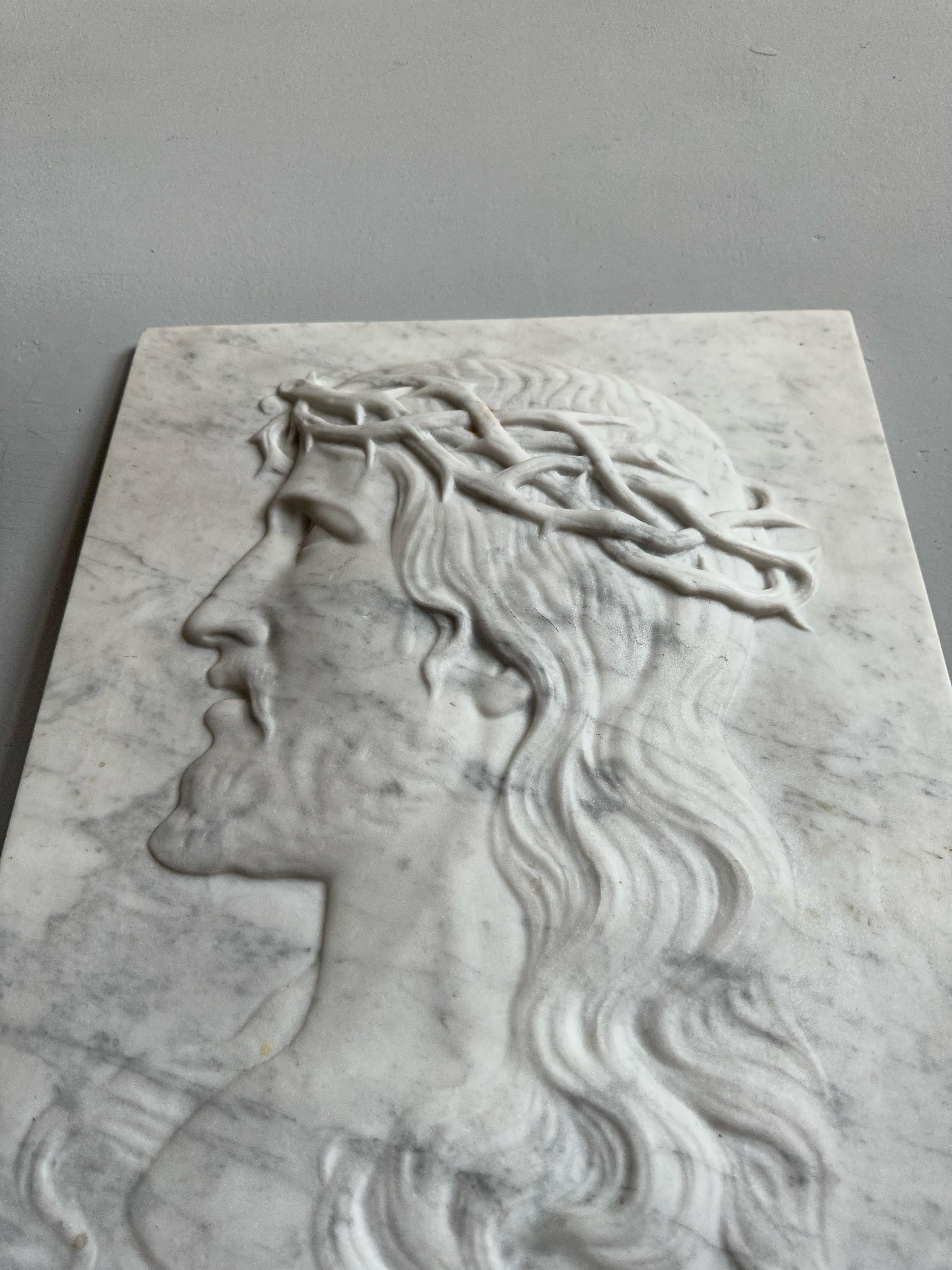 Large Antique & Hand Carved Marble Plaque Sculpture of Jesus w. Crown of Thorns In Excellent Condition For Sale In Lisse, NL
