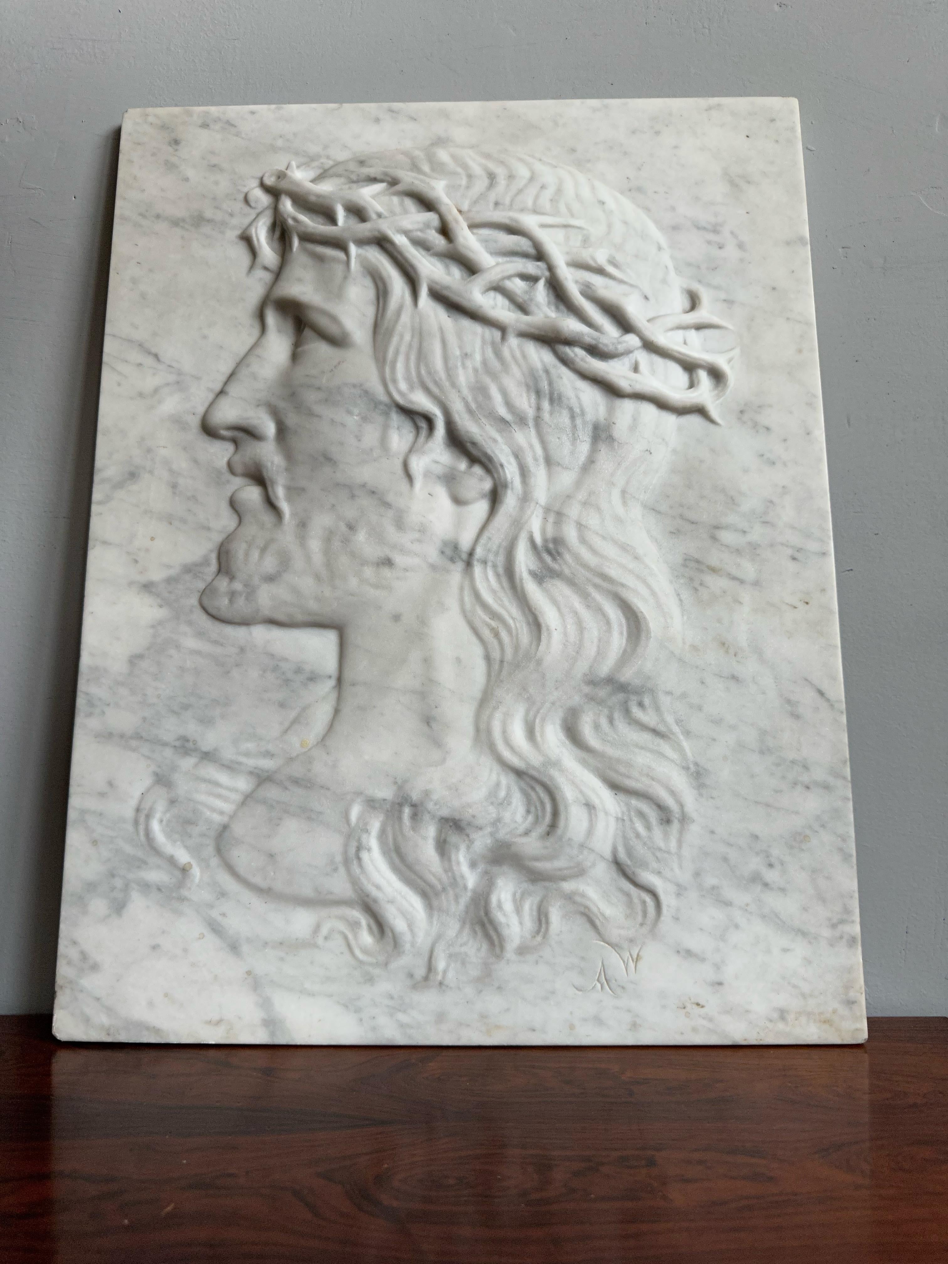 20th Century Large Antique & Hand Carved Marble Plaque Sculpture of Jesus w. Crown of Thorns For Sale