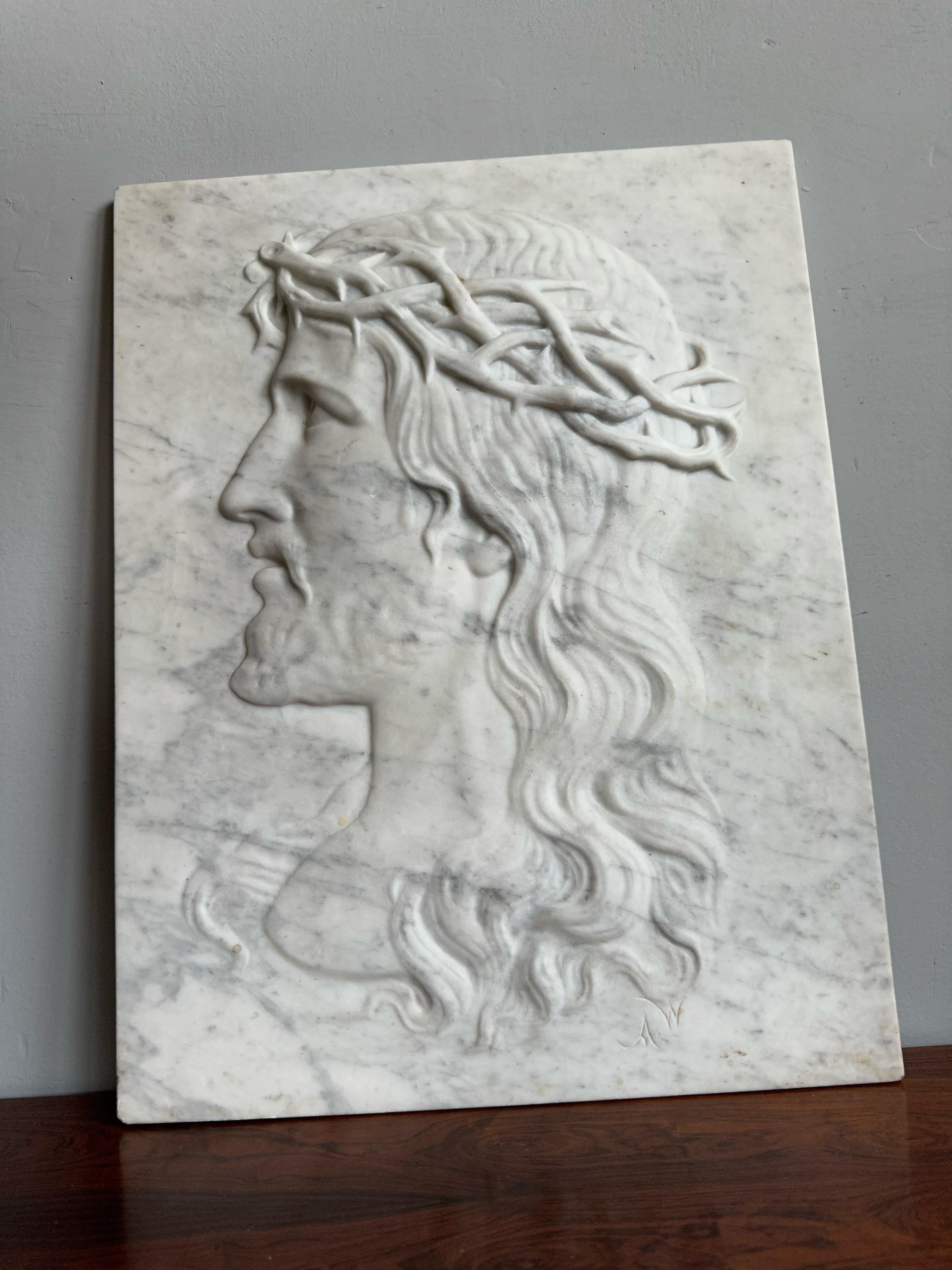 Large Antique & Hand Carved Marble Plaque Sculpture of Jesus w. Crown of Thorns For Sale 1