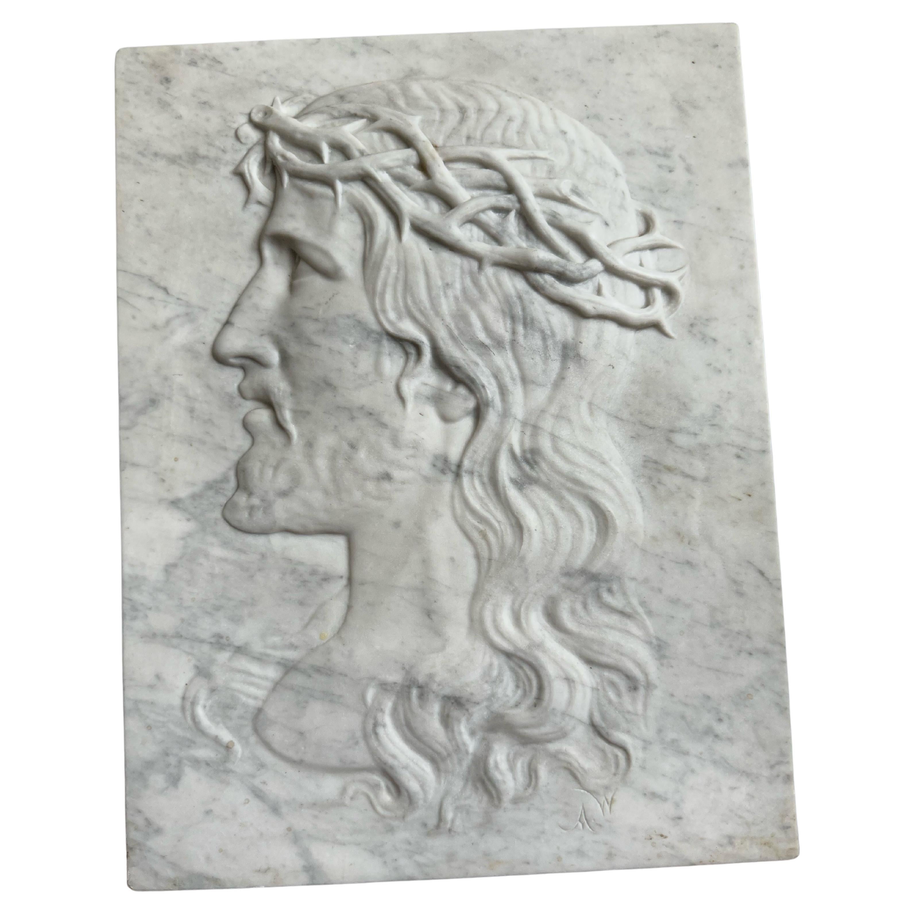 Large Antique & Hand Carved Marble Plaque Sculpture of Jesus w. Crown of Thorns For Sale